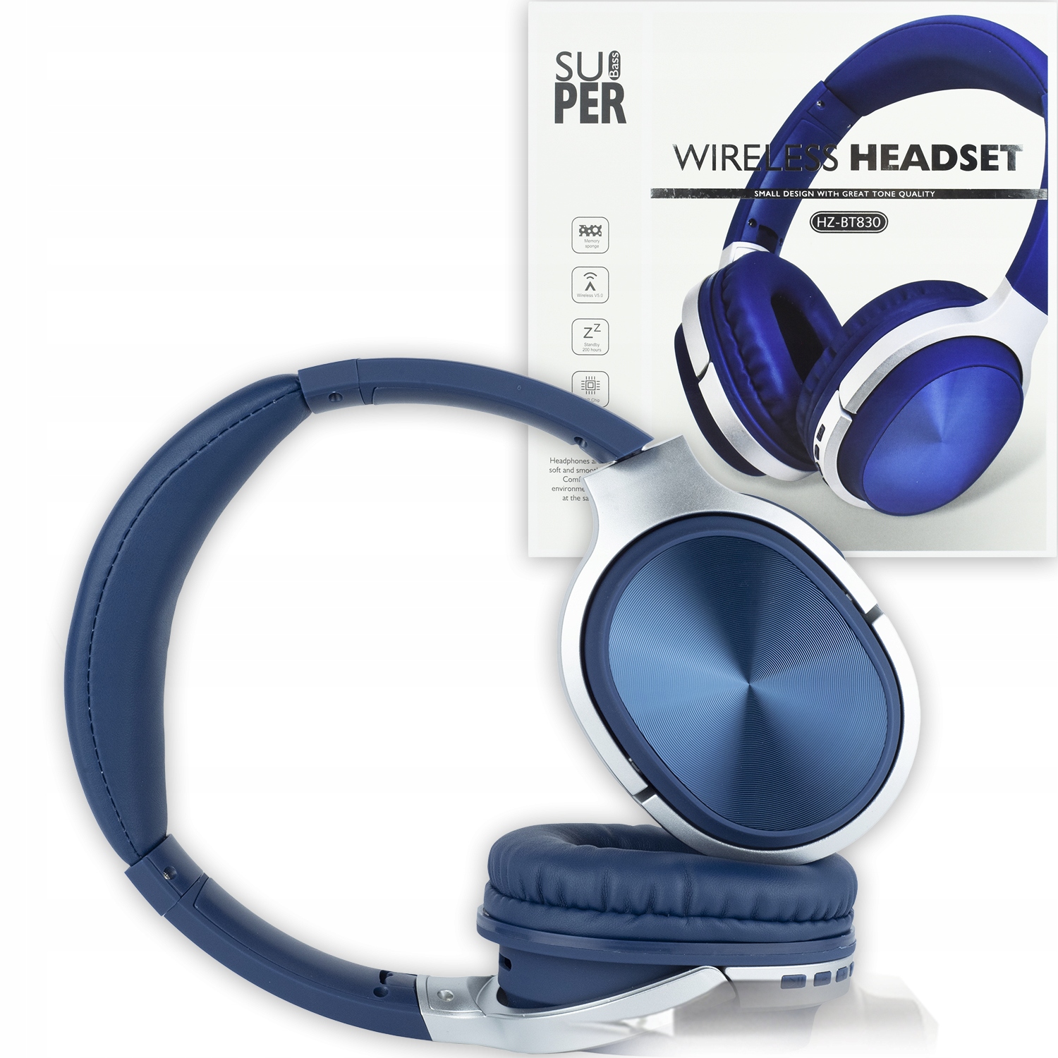 Ergonomiczne Słuchawki Bluetooth Bezprzewodowe Niebieskie na Głowę +Slot Sd