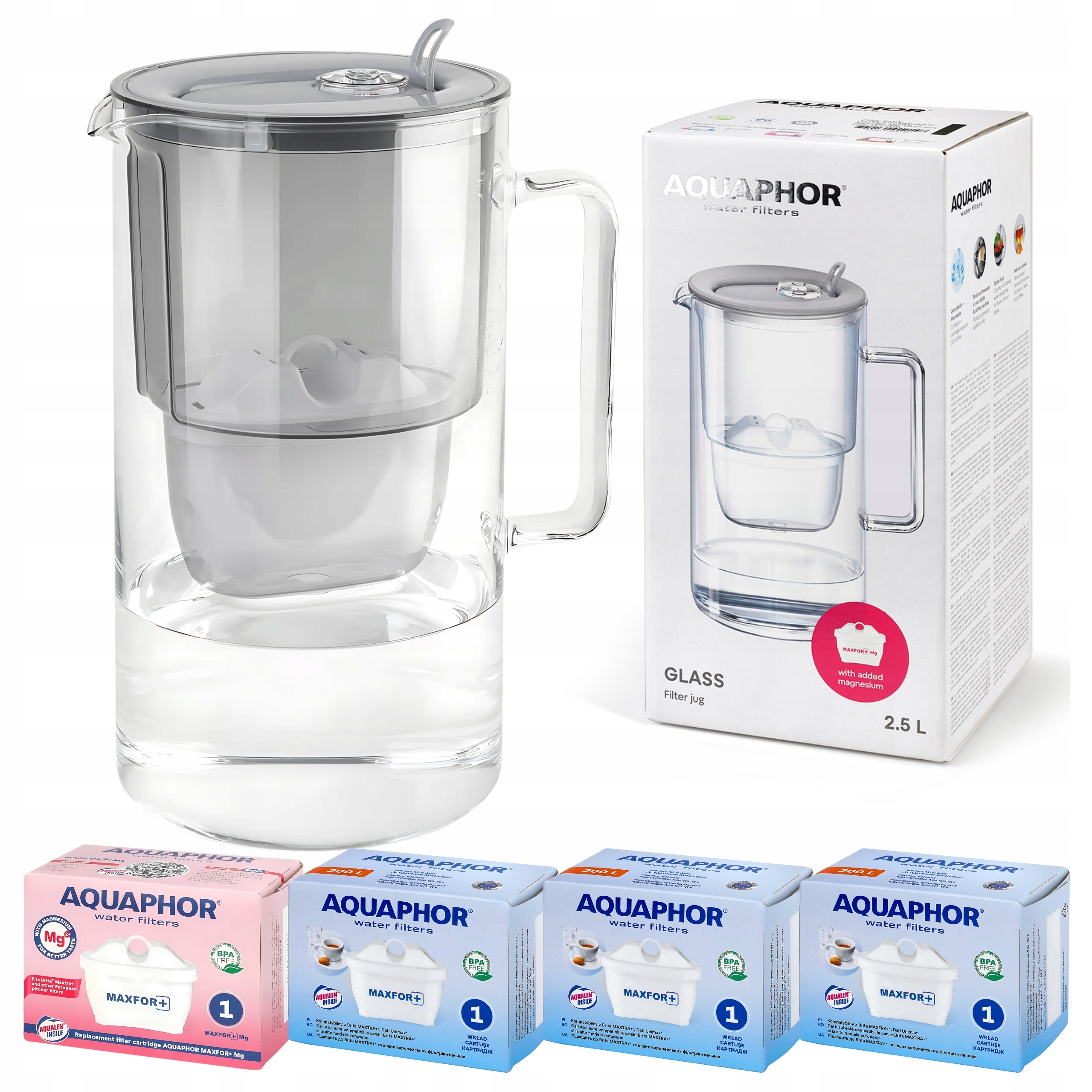 Filtrační konvice skleněná Aquaphor Glass Šedá 4 filtrační vložky Maxfor