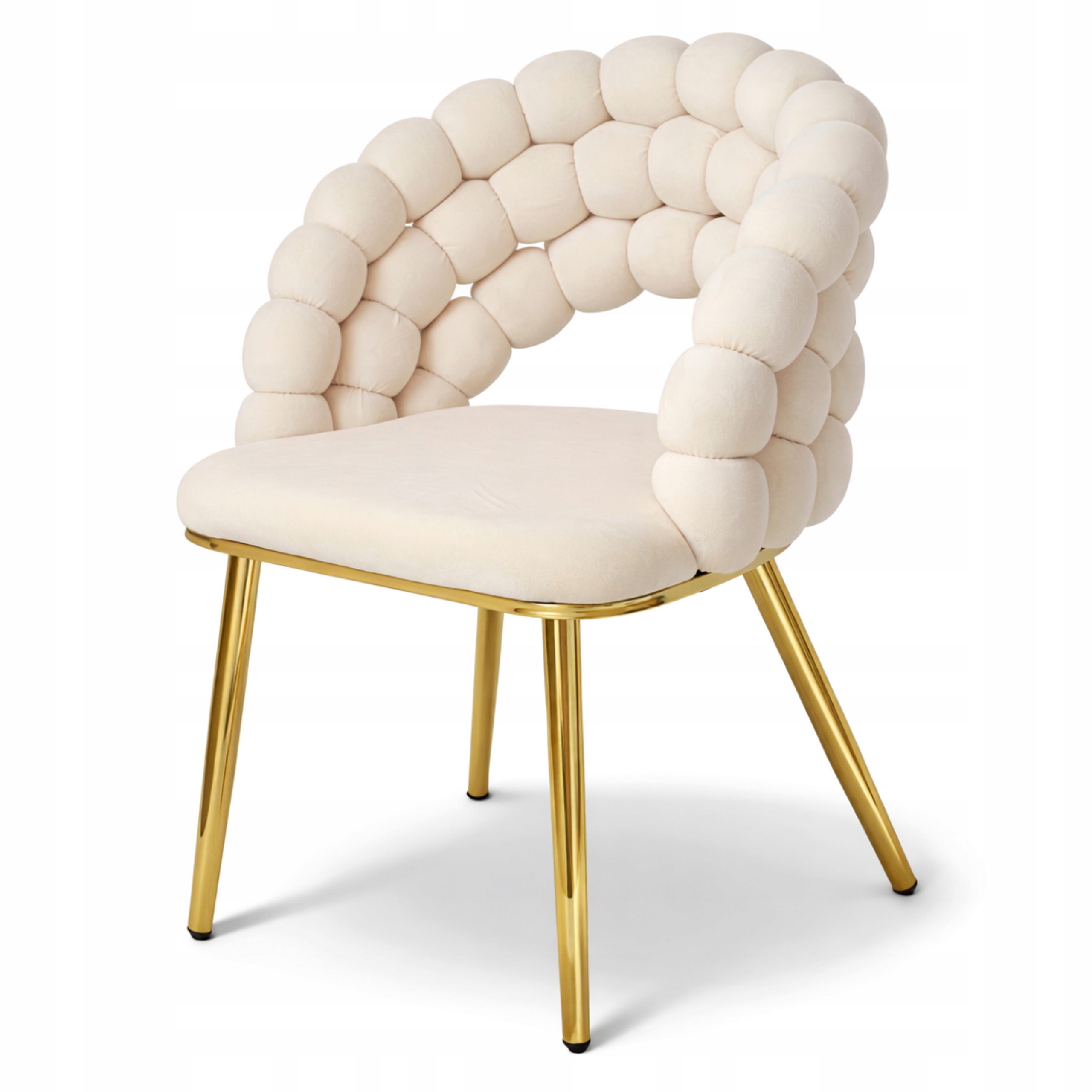 Krzesło Tapicerowane Kulkowe Oparcie Welurowe Złote Nogi Beżowe