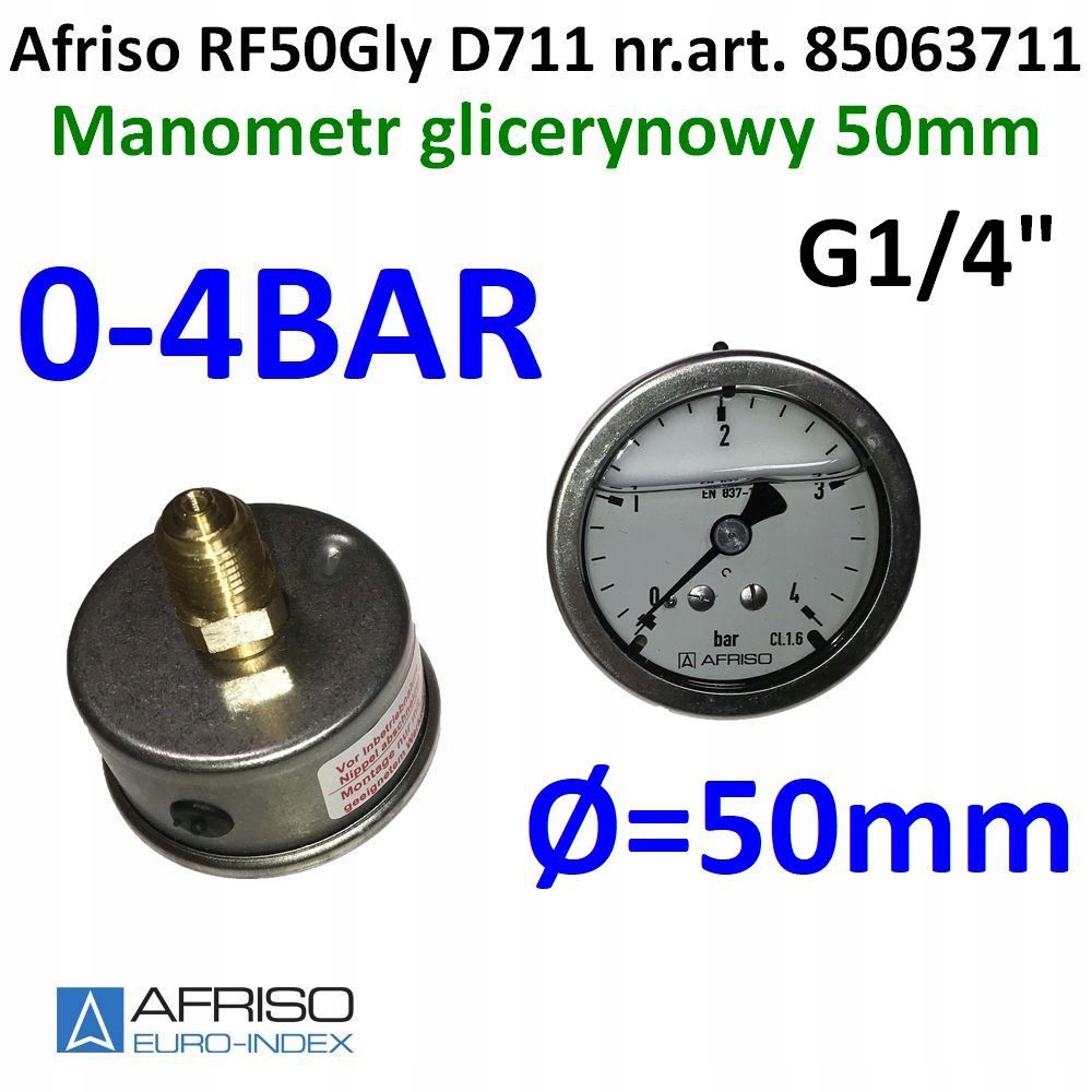 0-4BAR G1/4" tylny gwint manometr glicerynowy 50mm Afriso RF50Gly 85063711