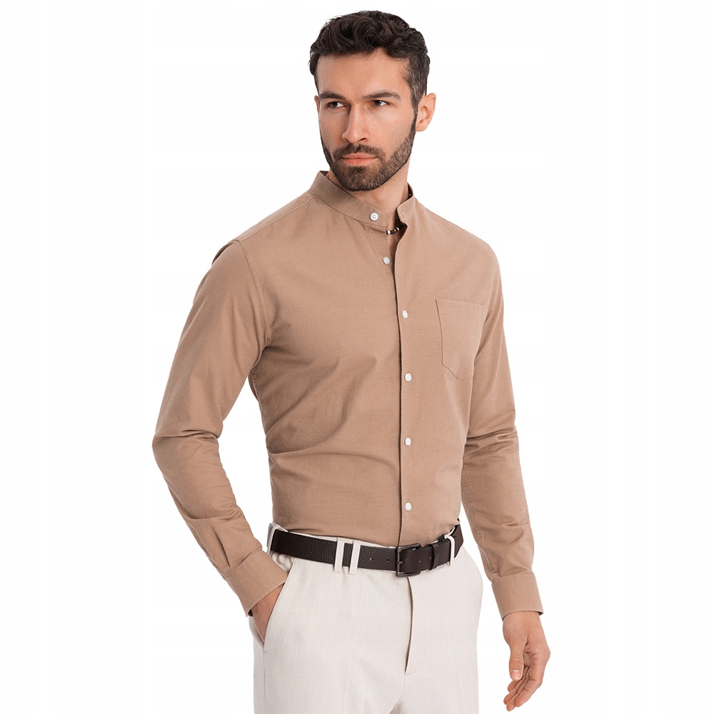 Lněná pánská košile se stojáčkem, ležérní, pohodlná, světle hnědá OM-SHCS-0161 V7 XXL