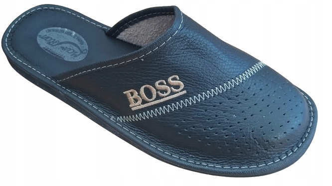 MĘSKIE KAPCIE ZE SKÓRY BOSS PANTOFLE KLAPKI CIAPY Kolor czarny