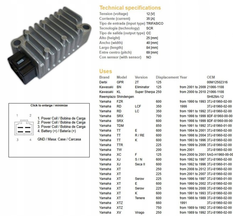 Regulátor Napätia Yamaha Tt 600 '93-'04; Tdm 850 '91-'92; Srx 600 '98-'99