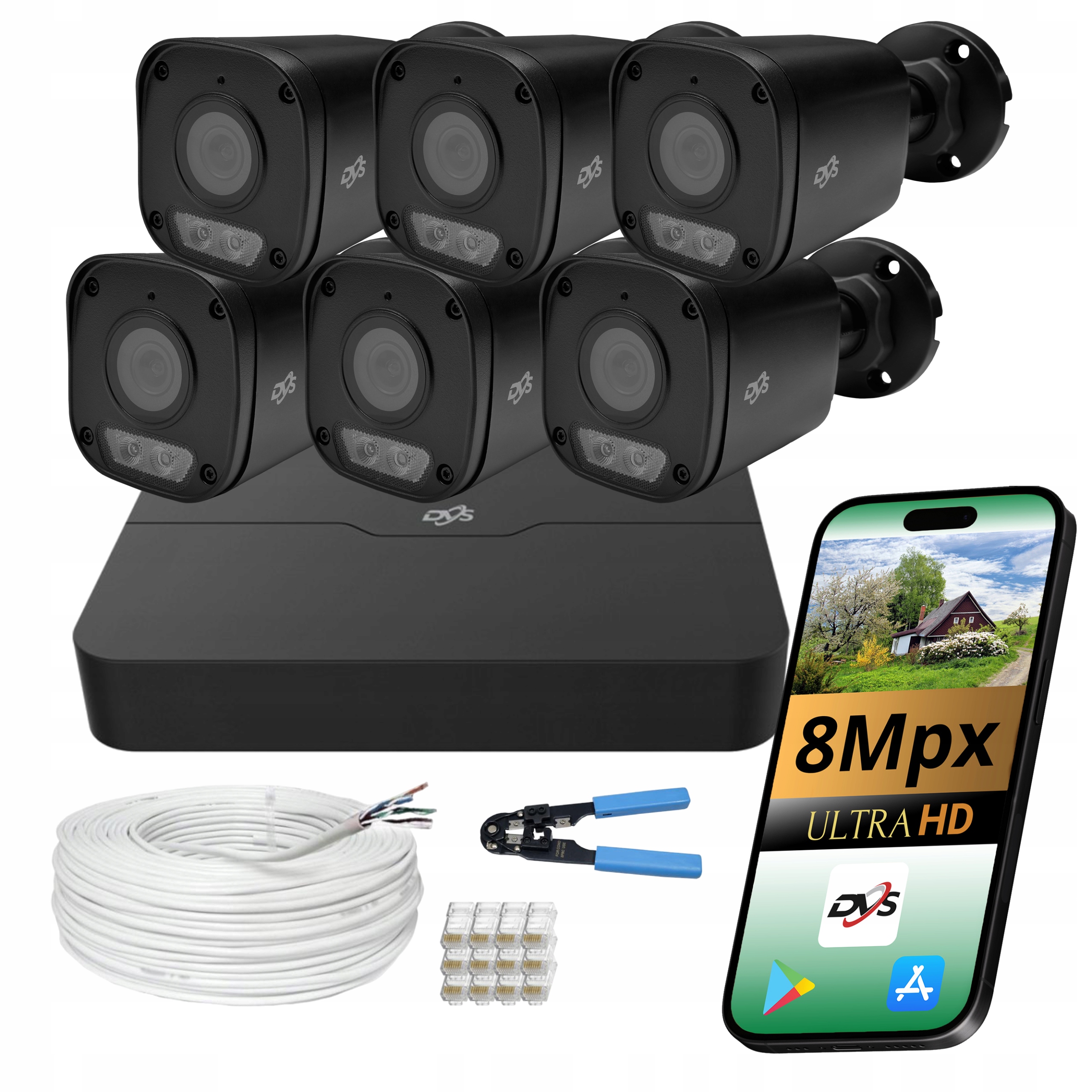 Monitoring Set Dvs 6x Černá Tubusová Kamera 8MPX Ip Hybridní Venkovní