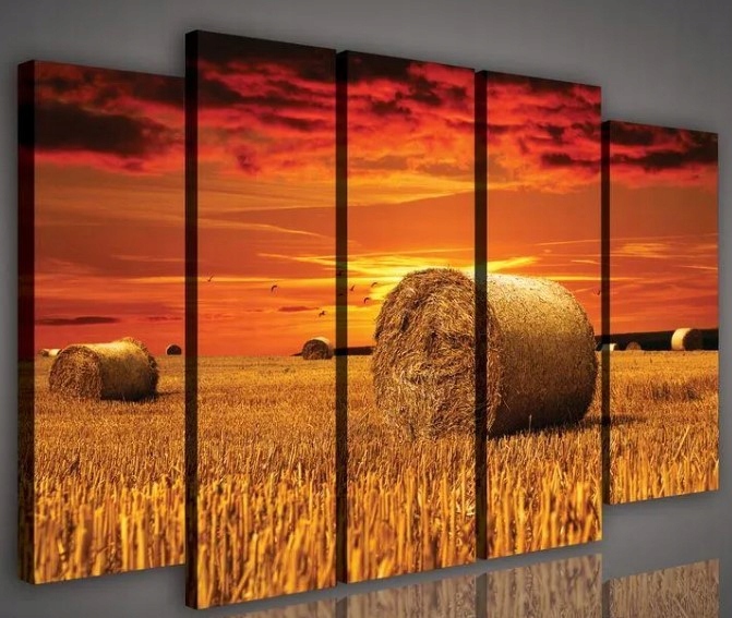 Obraz 150x100 Západ slnka pole slama snopy jeseň krajina vidiecky pokoj