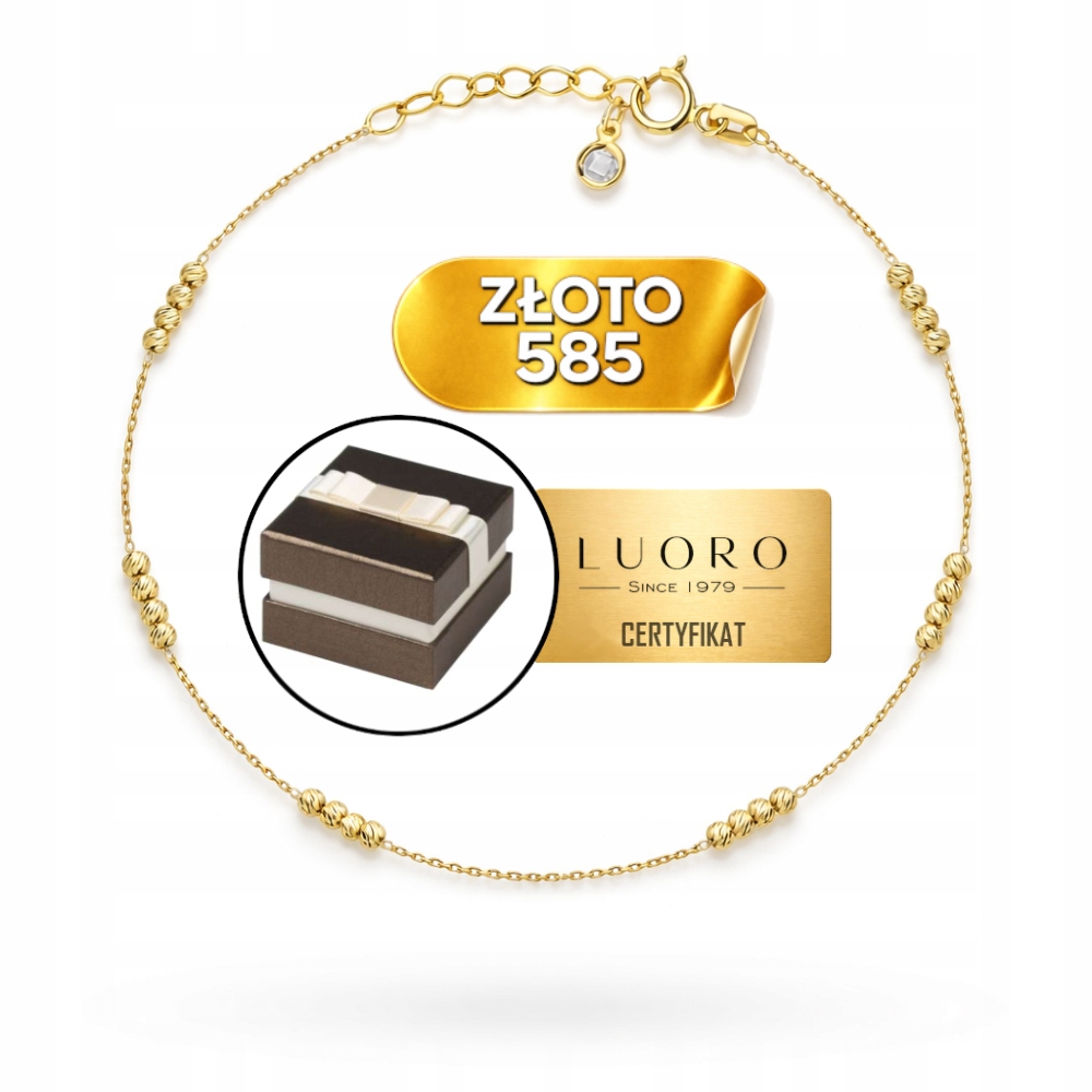 Zlatý Náramek 585 14K Na Nohu S Čtyřnásobnými Diamantovými Kuličkami 22 CM