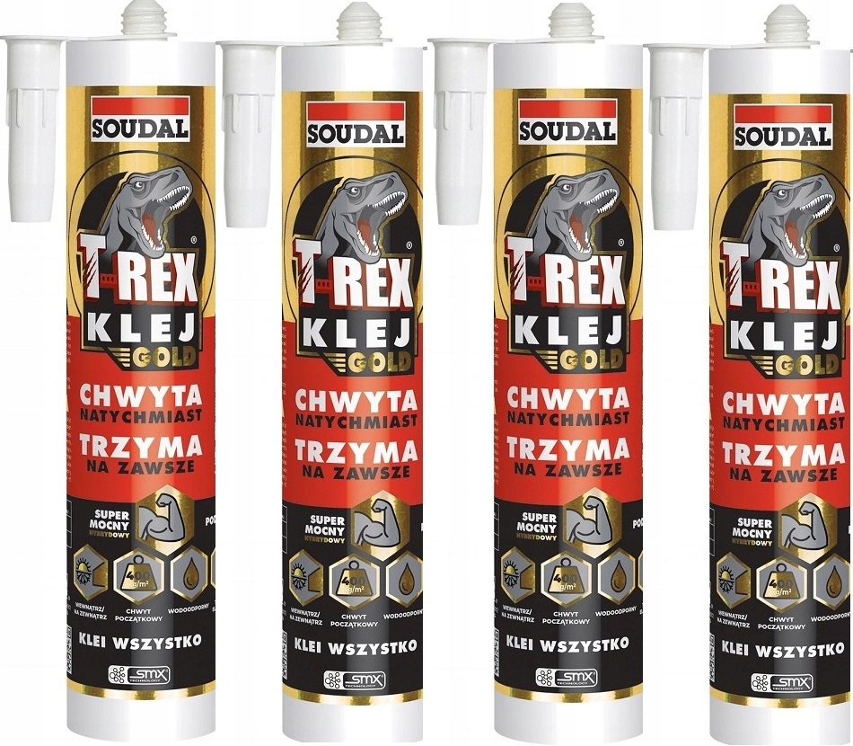 4szt Soudal T-rex Gold klej montażowy Uniwersalny Mocny Szybki Biały 290ml