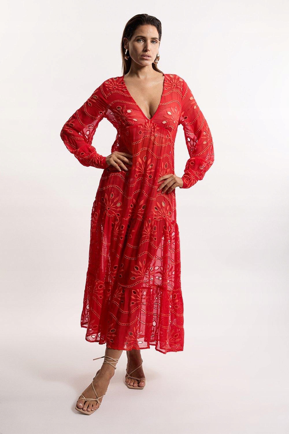 ZC54105 Karen Millen Vyšívaná Plážová Šaty Maxi Viskóza (10) M