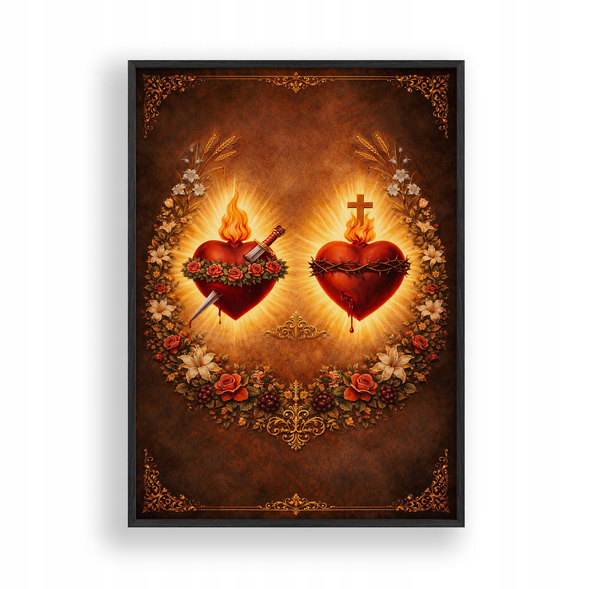Obraz Serce Jezusa i Serce Maryi Plakat Ramka Drewniana Czarna 30x42 cm