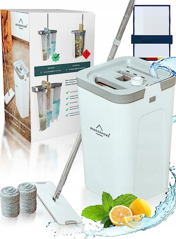 Plochý Mop S 3-KOMOROVÝM Kbelíkem Wonderhome, Bílý, Sada Na Úklid