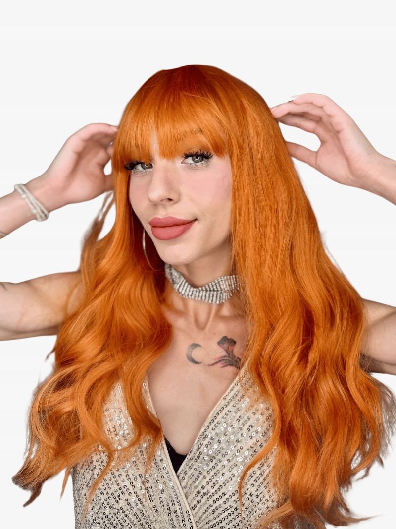 Dlouhá rudá paruka s ofinou, syntetické vlny LC8577 Dárek čepička