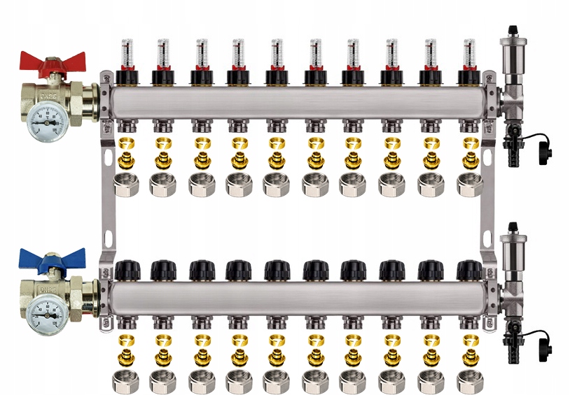Rozdělovač Pro Podlahovou Krytinu 10 Nerezových Okruhů Ventily Pex Spojky