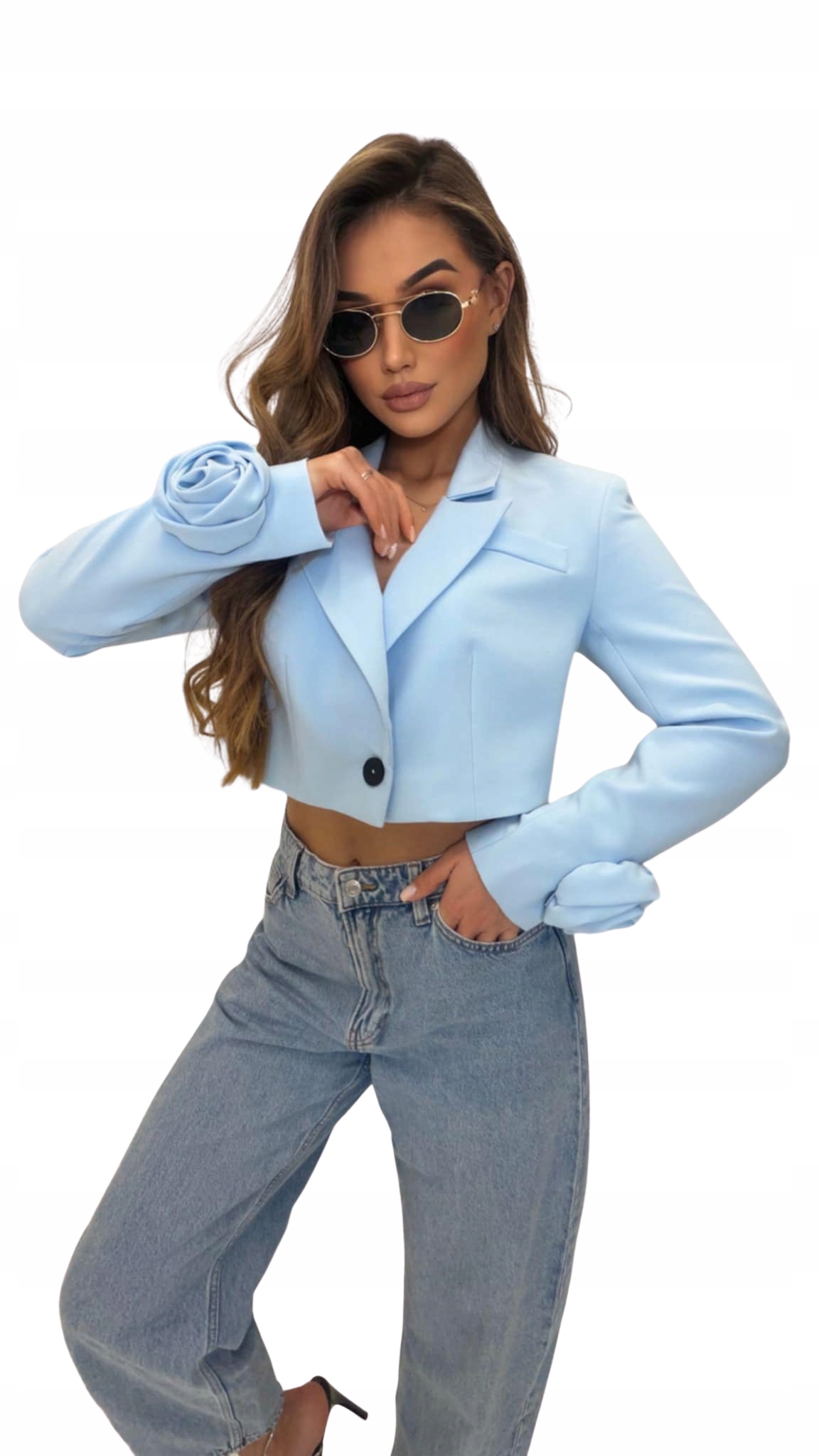 Marynarka damska krótka żakiet z różami Rose Millagro baby blue/niebieska