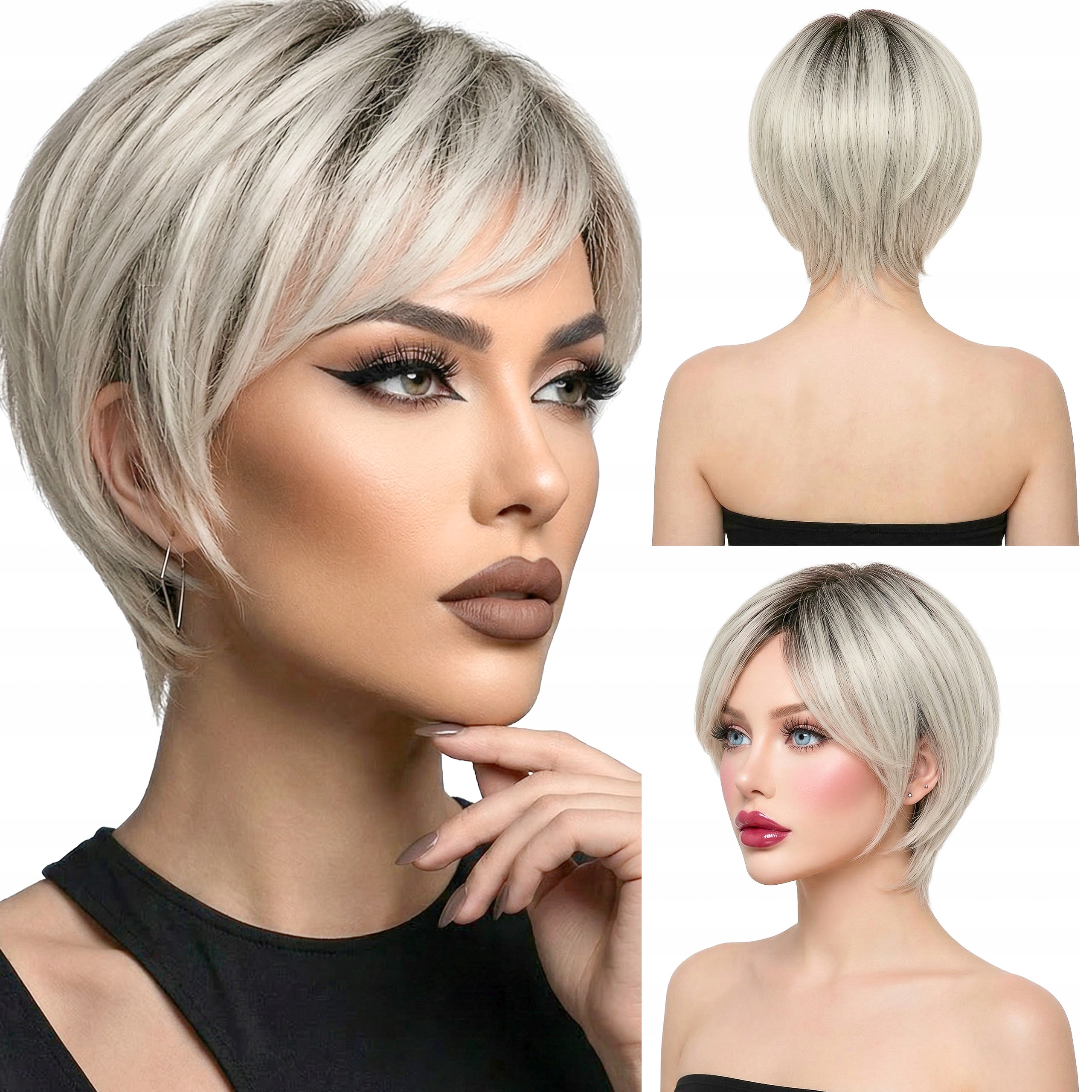 Syntetická paruka s umělými vlasy Pixie cut krátká popelavá blond odrost