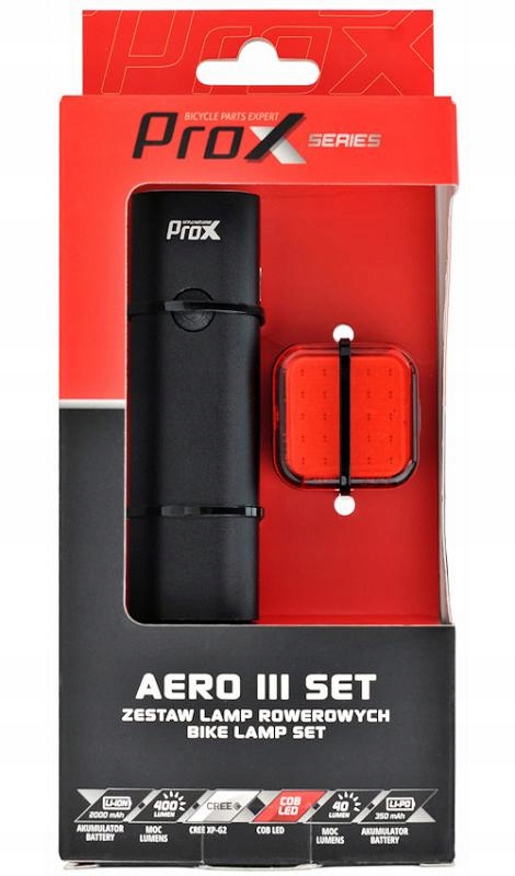 ZESTAW LAMPEK ROWEROWYCH PROX AERO III SET PRZÓD 400Lm + TYŁ 40Lm AKU USB Źródło światła dioda LED
