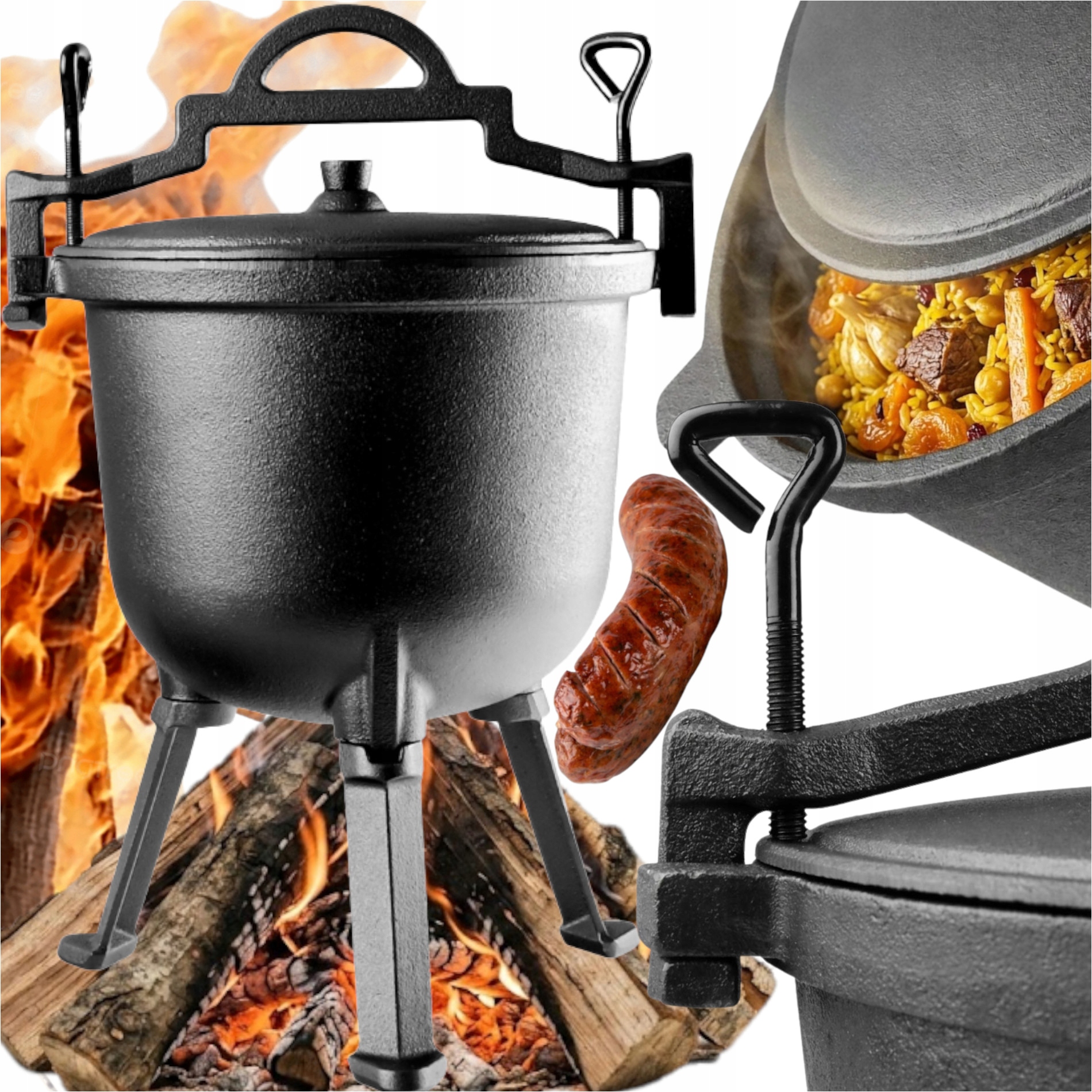 Litinový Kotlík Hrnec na oheň s funkcí zavěšení na trojnožku 2v1