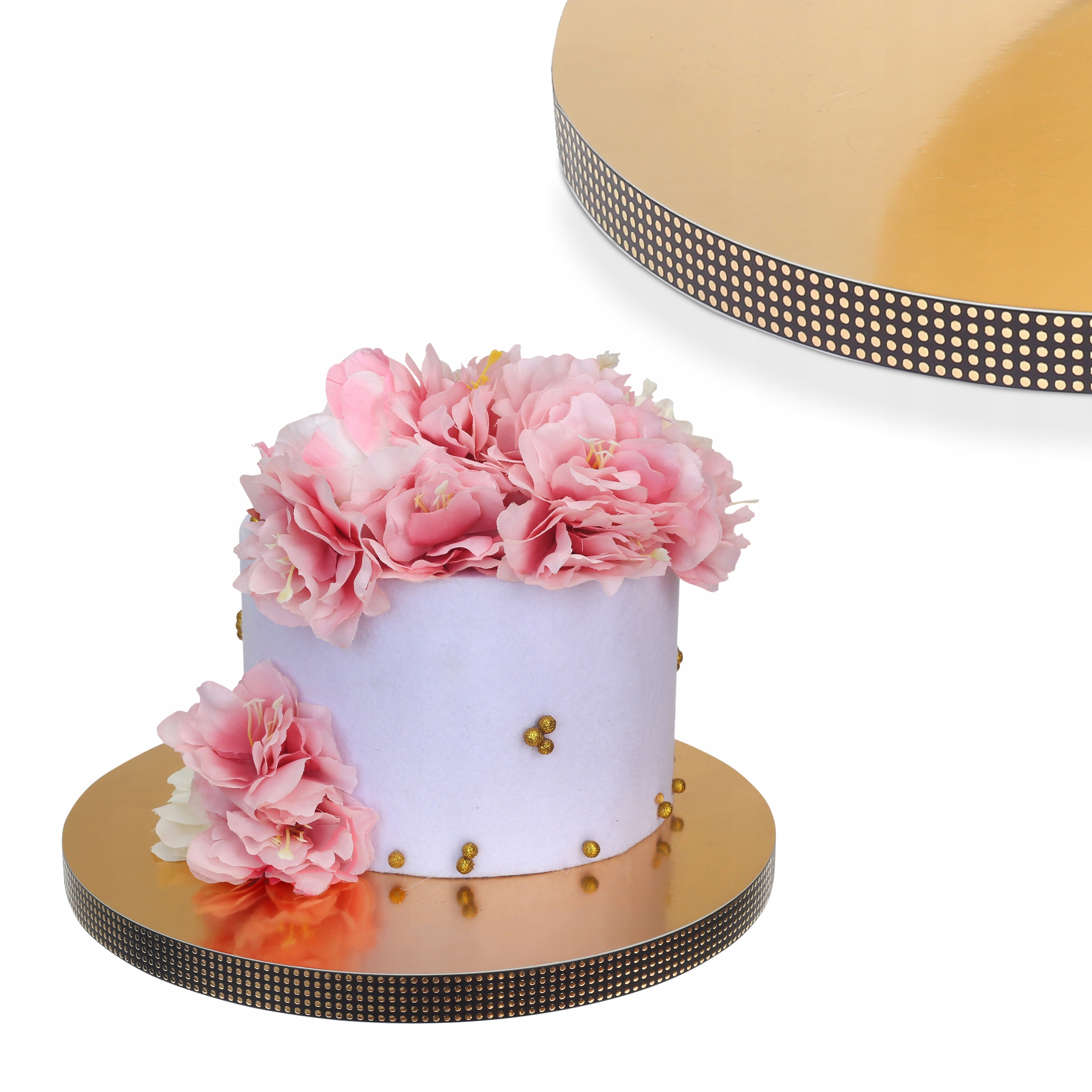 Podkład pod tort 30 cm styrodur złoty z bokiem złoto czarnym w kropki mocny