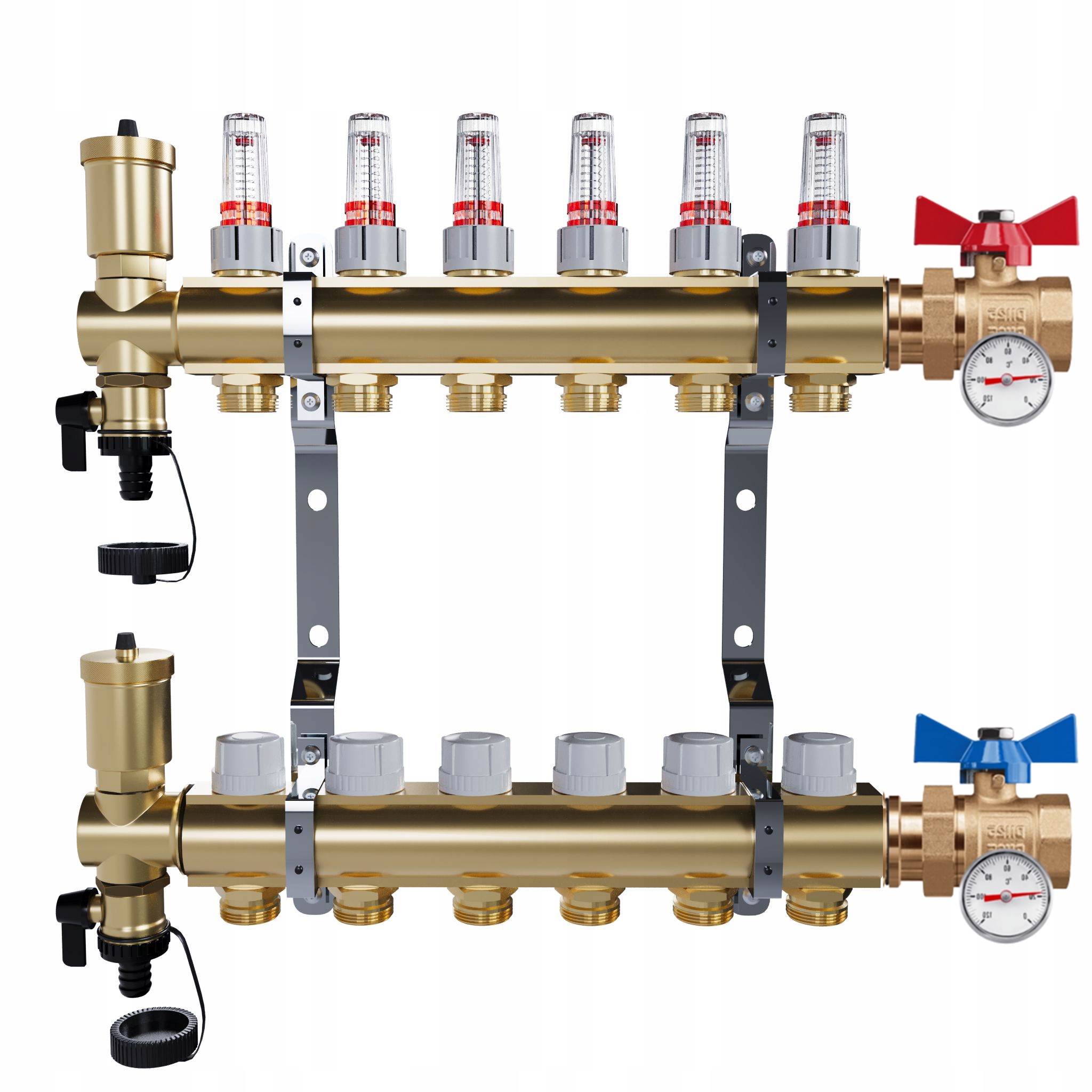 Rozdělovač Pro Podlahovku 6 Okruhů Jednoduchý Kulový Ventil Teploměr