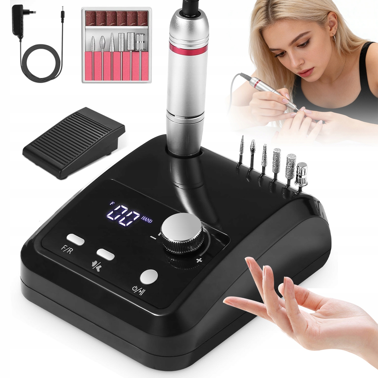 Bruska Manikúra Ovládaná Nohou Sada Fréz Černá
