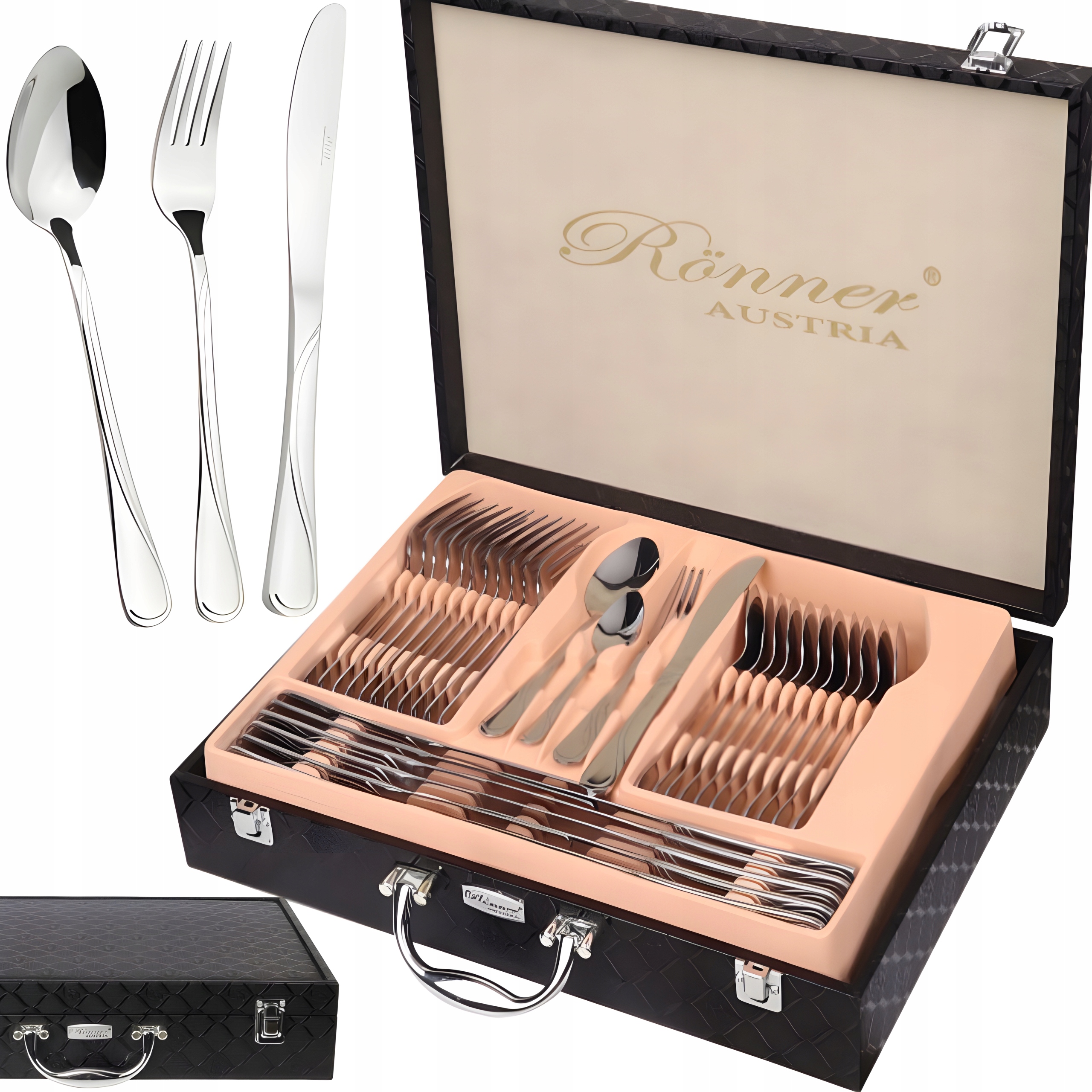 ROSSNER SZTUĆCE ZESTAW SZTUĆCÓW W WALIZCE 72EL SERWIS OBIADOWY NA