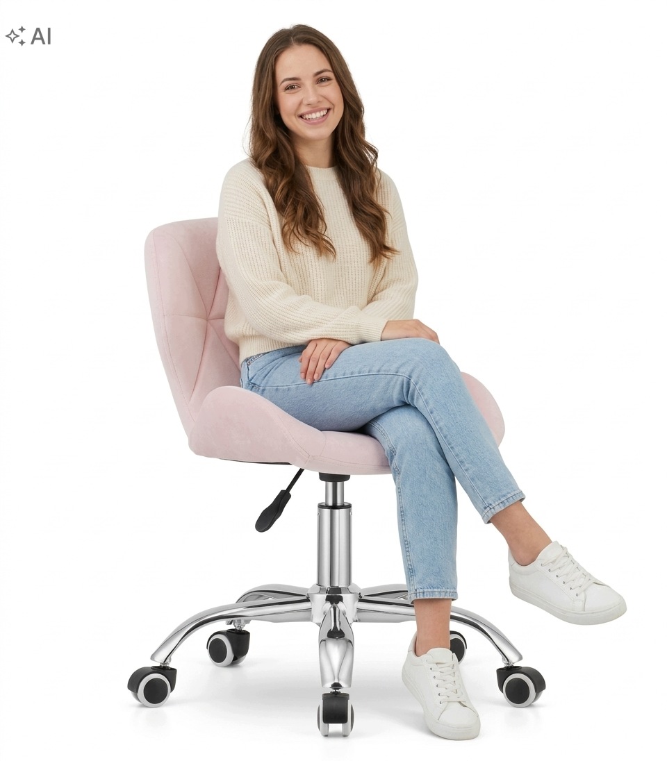 Krzesło Obrotowe Welur Gumowe Kółka Regulacja Różowe Ergonomiczne