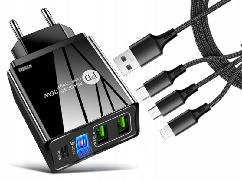 

Bardzo Szybka Ładowarka do Telefonów +Kabel 3w1