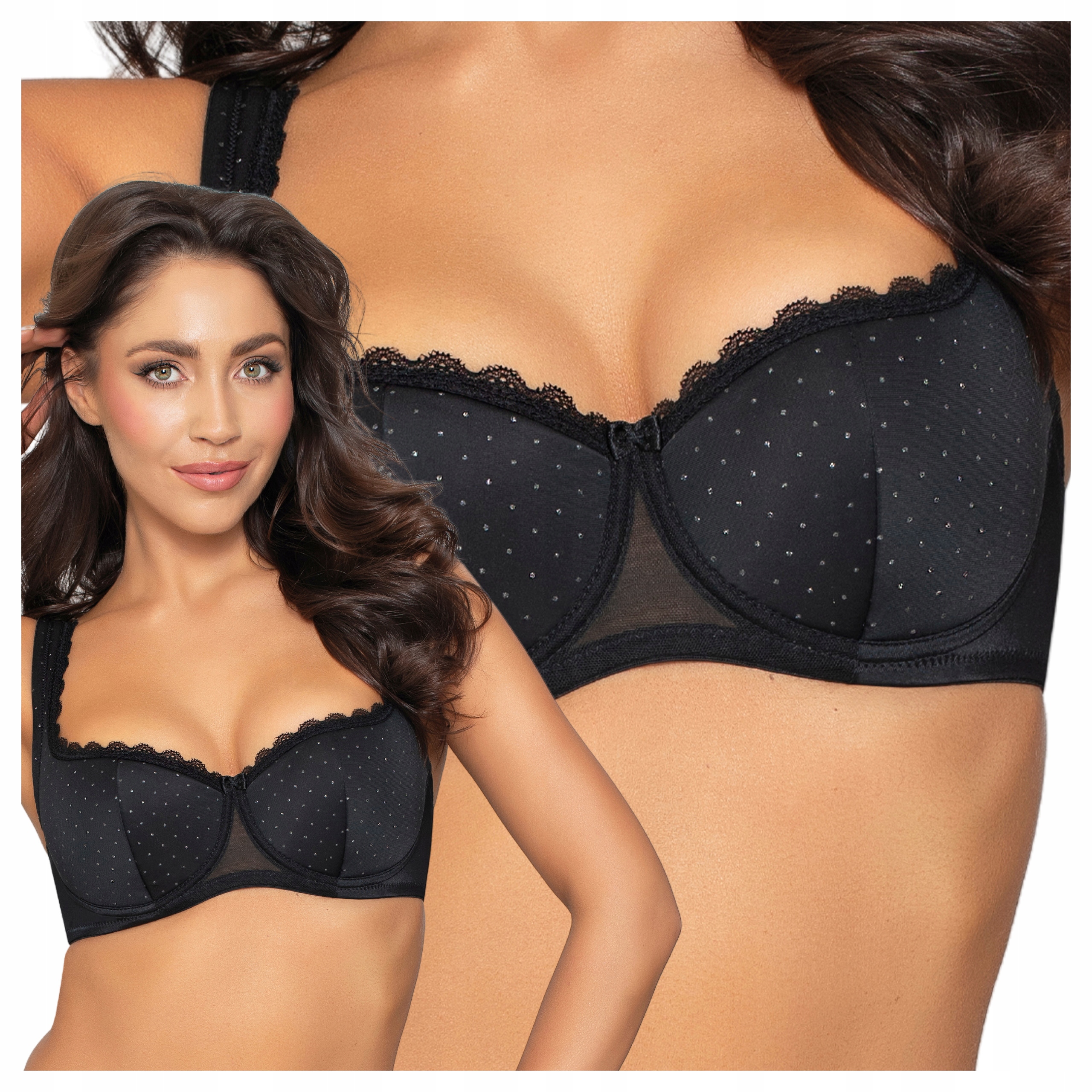 Smyslná podprsenka Balkonetka Vyztužená, hladká s puntíky 80C Černá