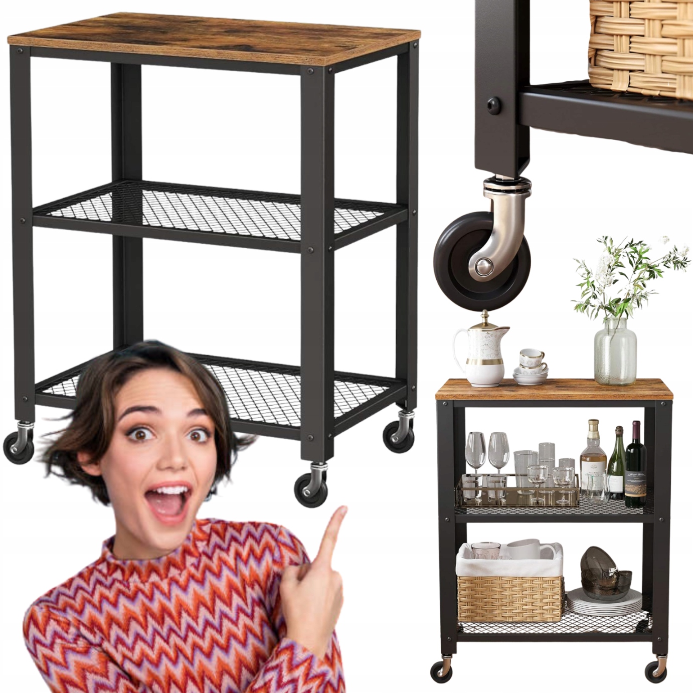 Rustikálny kuchynský vozík na kolieskach Stolík s podnosom 3-úrovňový