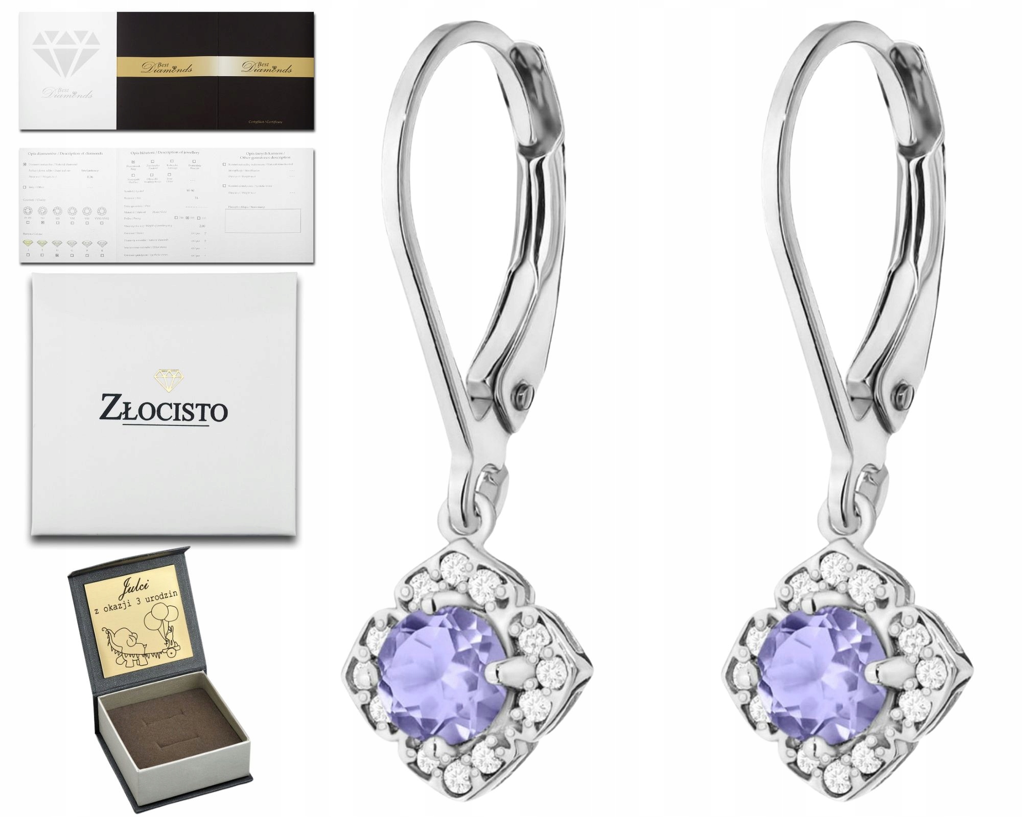 Náušnice z bílého zlata s tanzanity a diamanty 585 14K Zlato Ryzost Dárek