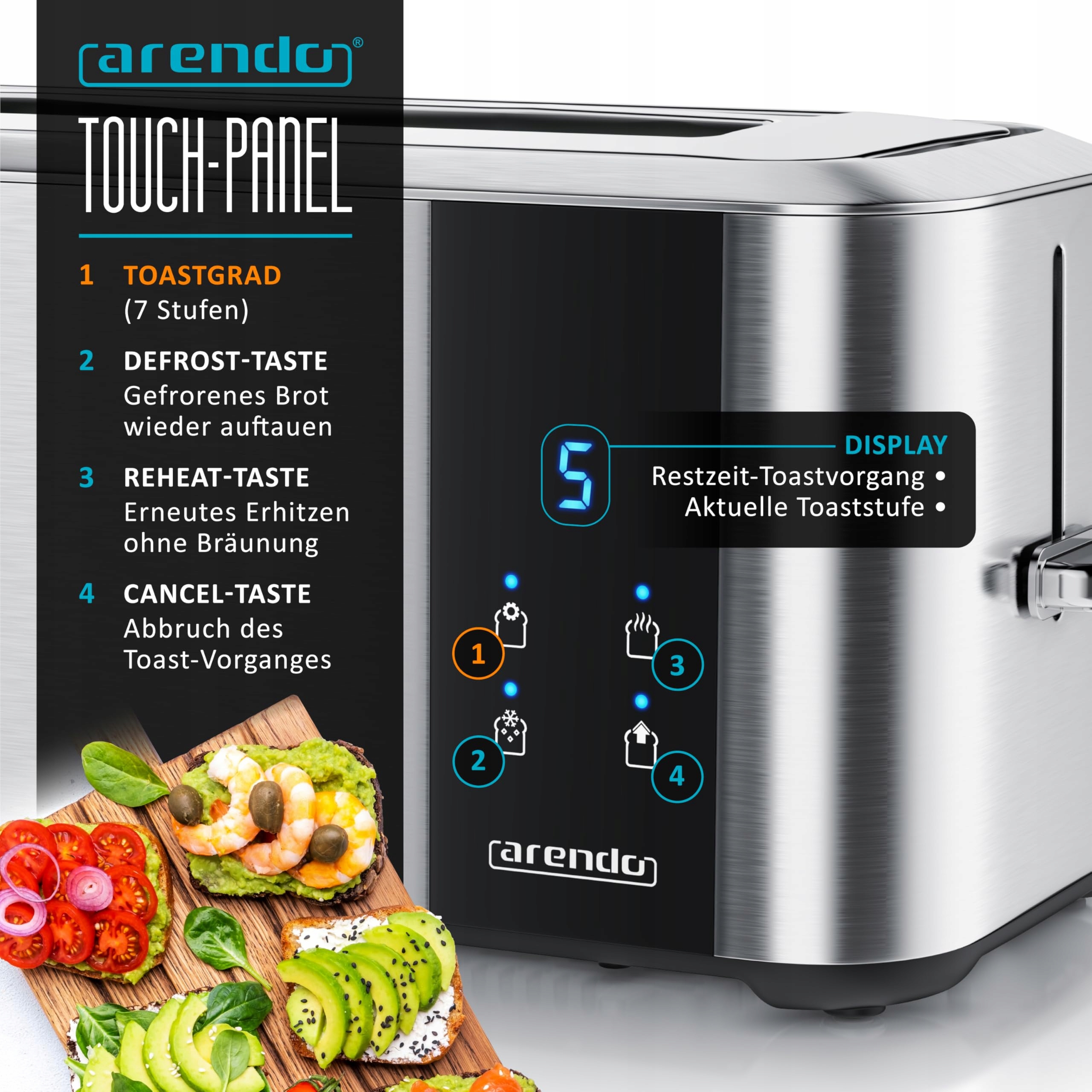 ARENDO Toster Stalowy 4 Kromki, Ekran Dotykowy, 1500W, 7 Stopni — miniatura 3