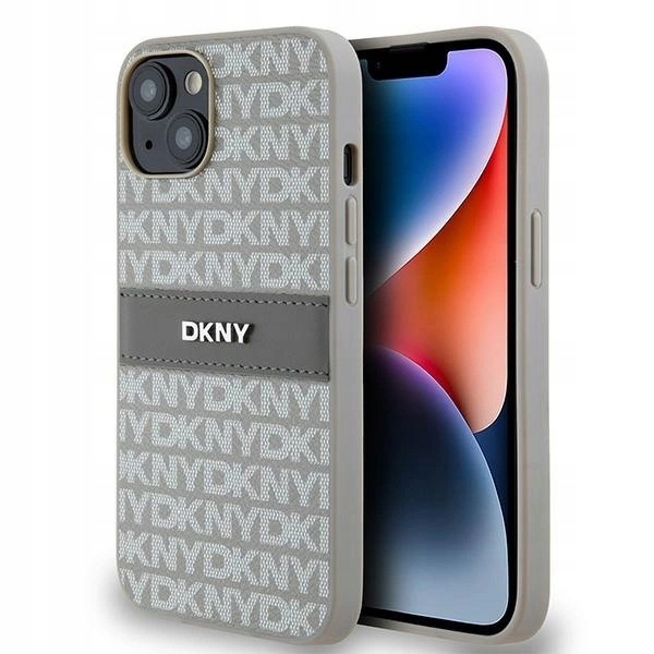 Etui Dkny Leather Mono Stripe & Metal Logo na iPhone 15 14 13 beżowe