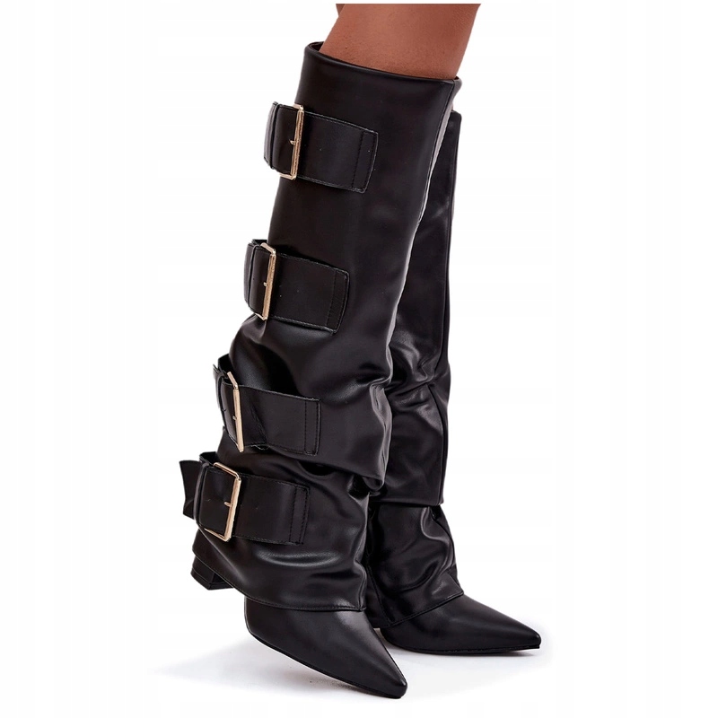 Dámské Kozačky Eko Kůže Zlaté Spony Sloupek Vyhrnutý Svršek Černá 36