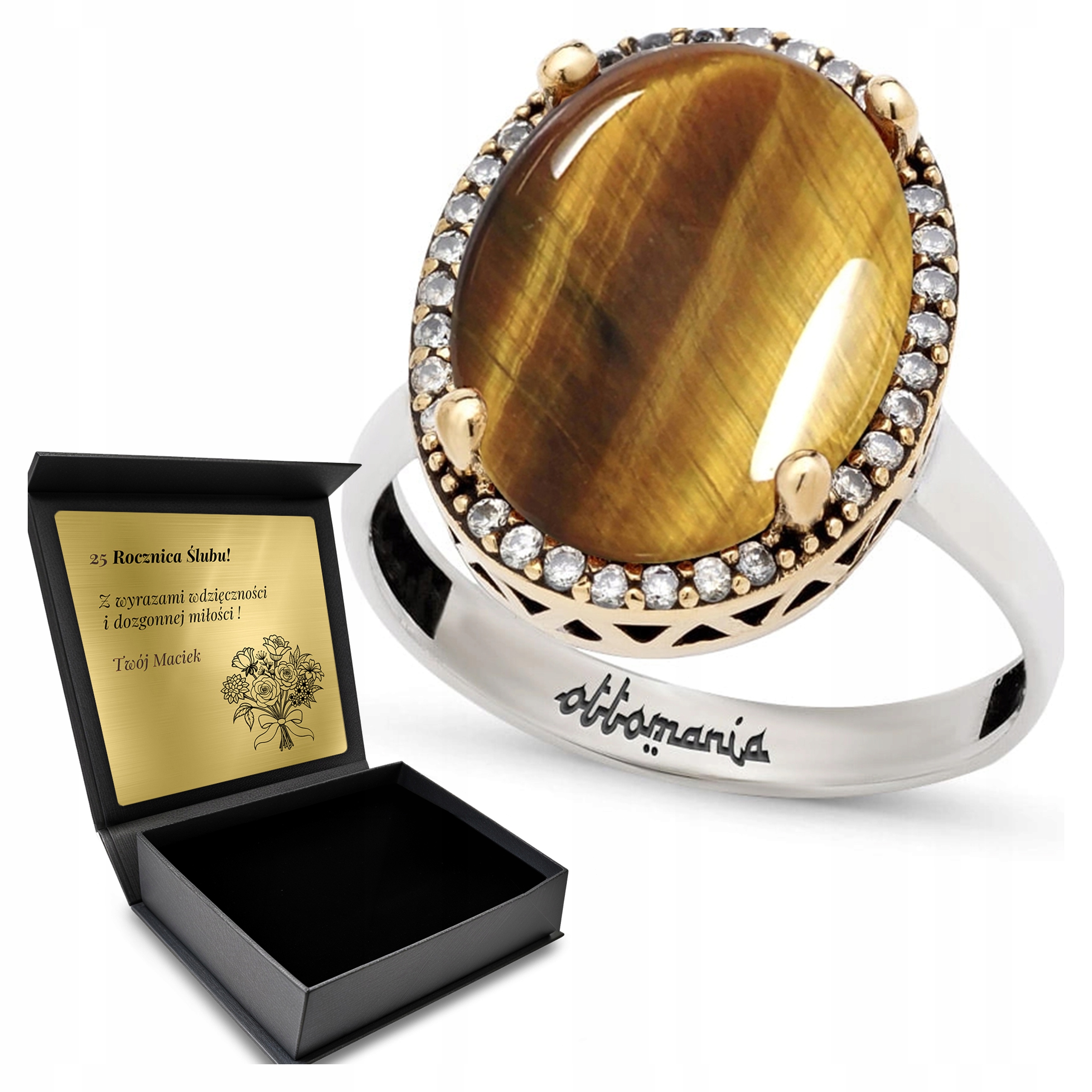 Prstýnek 925 Zirkony Tygří Oko Dárek pro ženu Gravírování