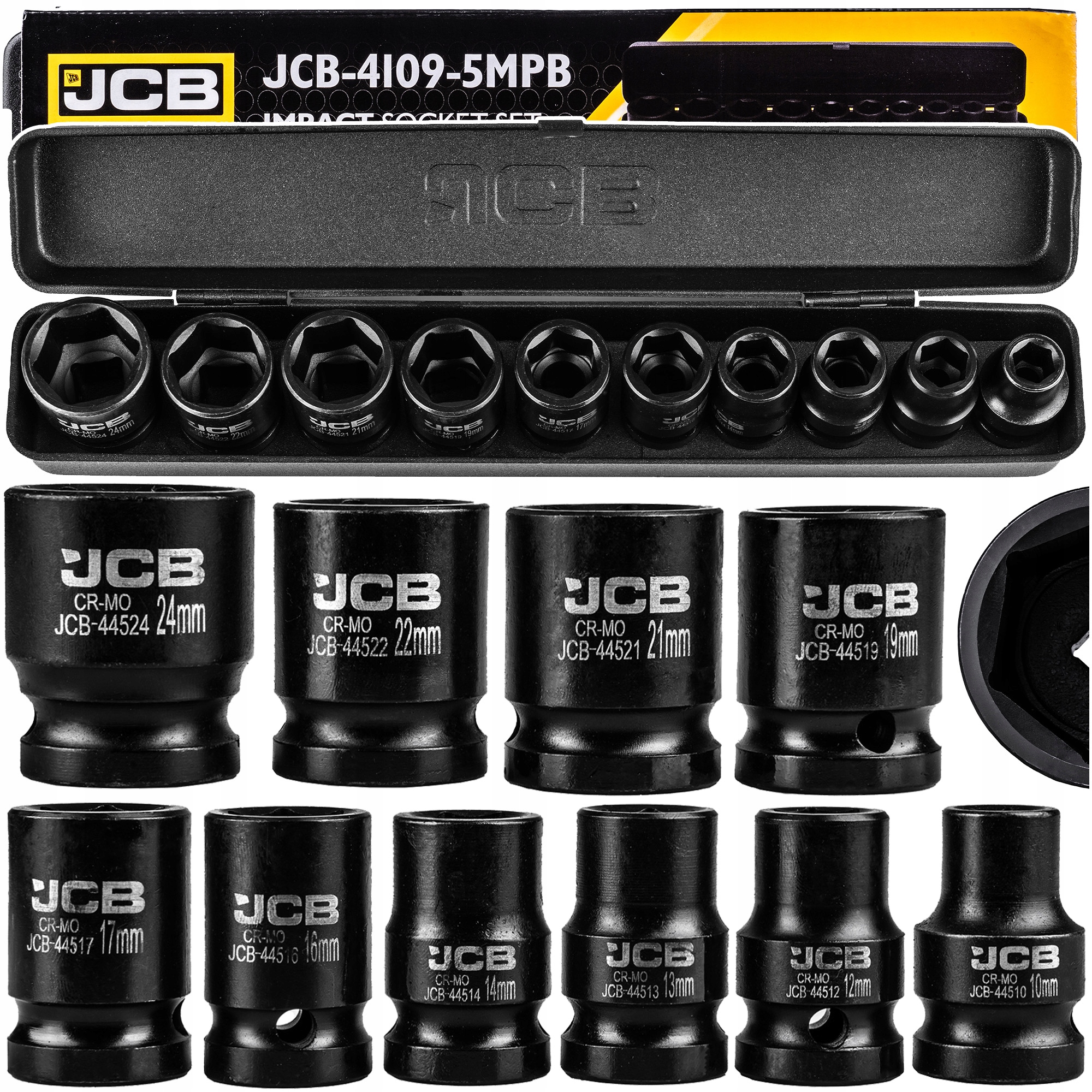 Sada Rázových Nástavců V Kufru 10-24 MM Jcb Ocel Cr-mo 10 Kusů 1/2"