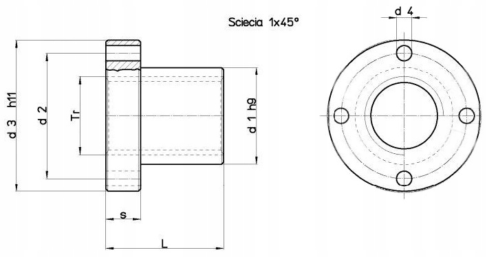 Nakrętka trapezowa brązowa z kołnierzem pomniejszona 14x4 Model NTRBZKM14X4P