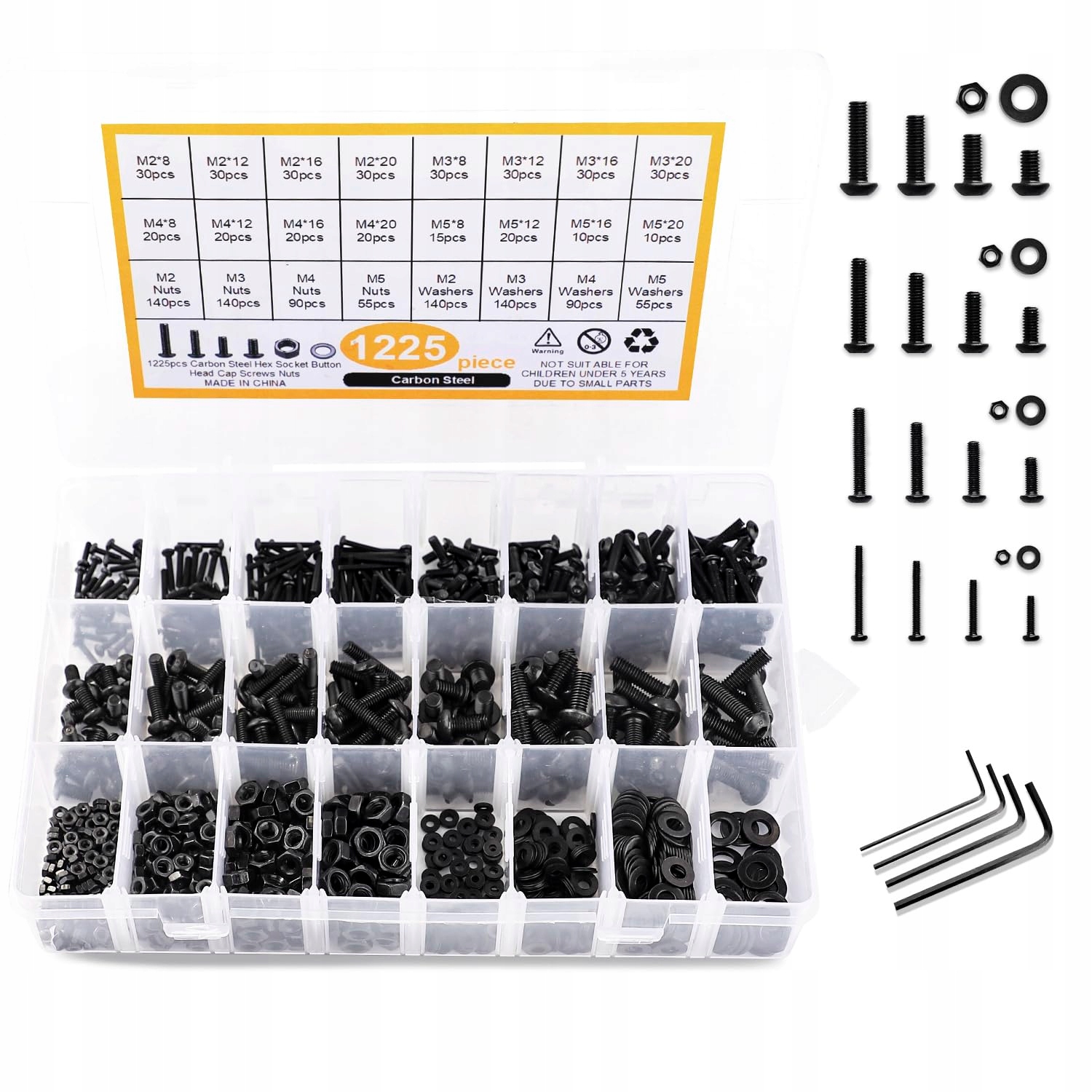 Sada Imbusových šroubů 1225 Ks M2-M5 Černé Metrické s maticí a podložkami