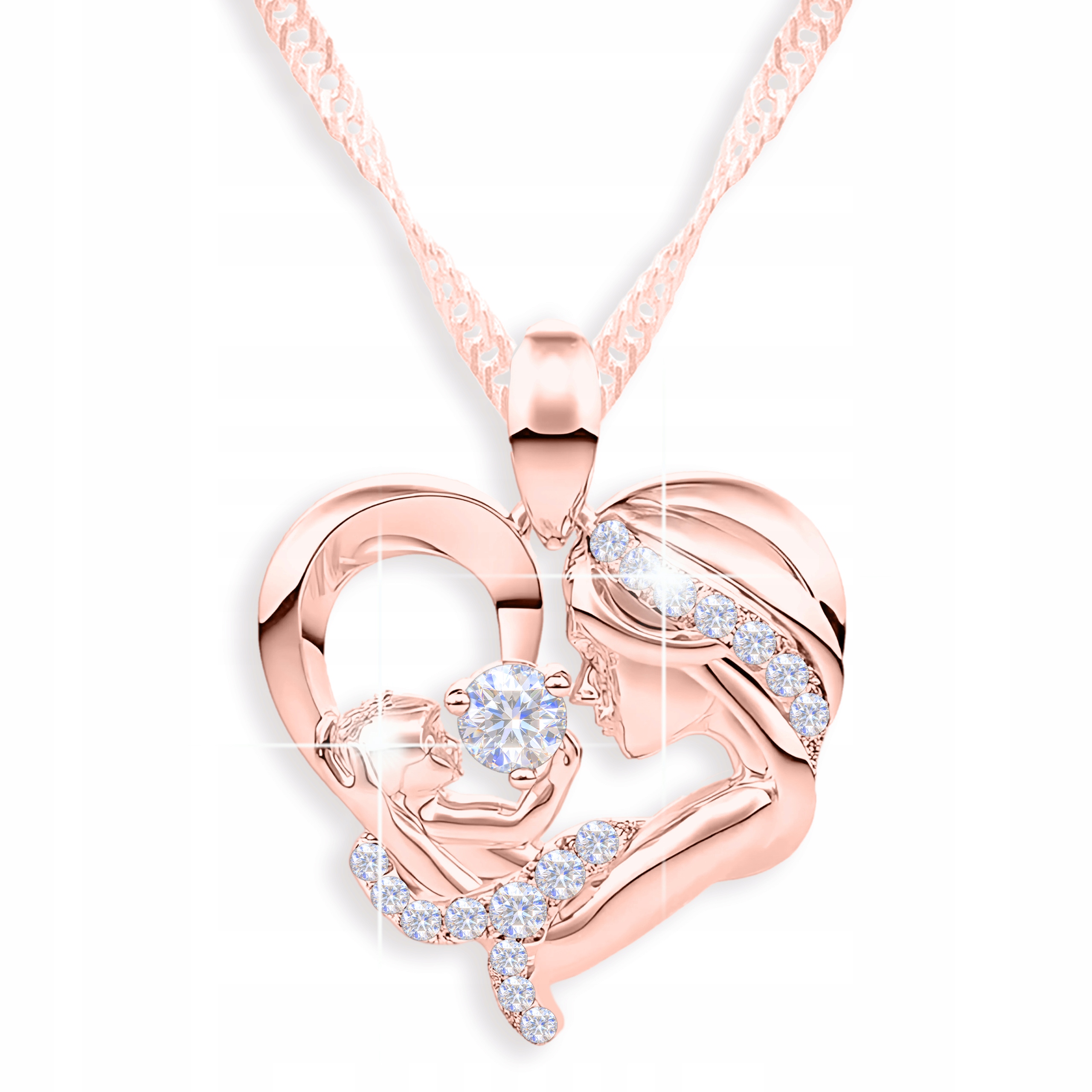 Pozlacený náhrdelník s matkou dítěte a srdcem zirkonů Rodina Stříbro 925