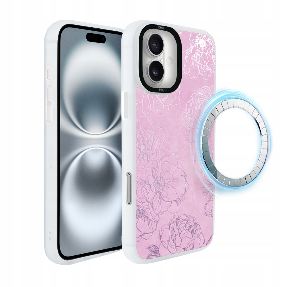 Pouzdro pro iPhone 16 Ibizu DropGuard Matt s MagSafe, růžové pivoňky, bílé