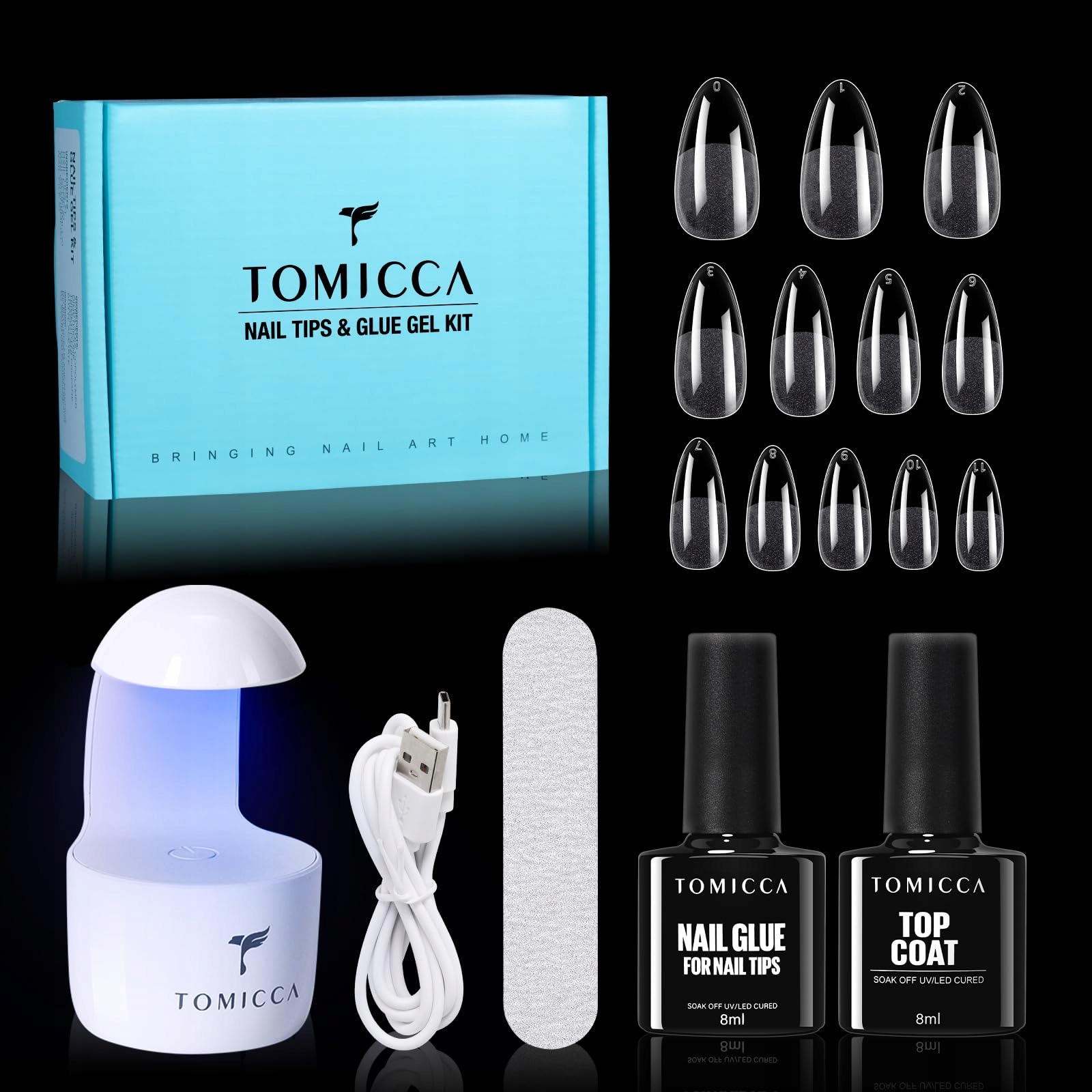 TOMICCA Zestaw Do Przedłużania Paznokci Tipsy Żelowe Lampa UV 240 Sztuk