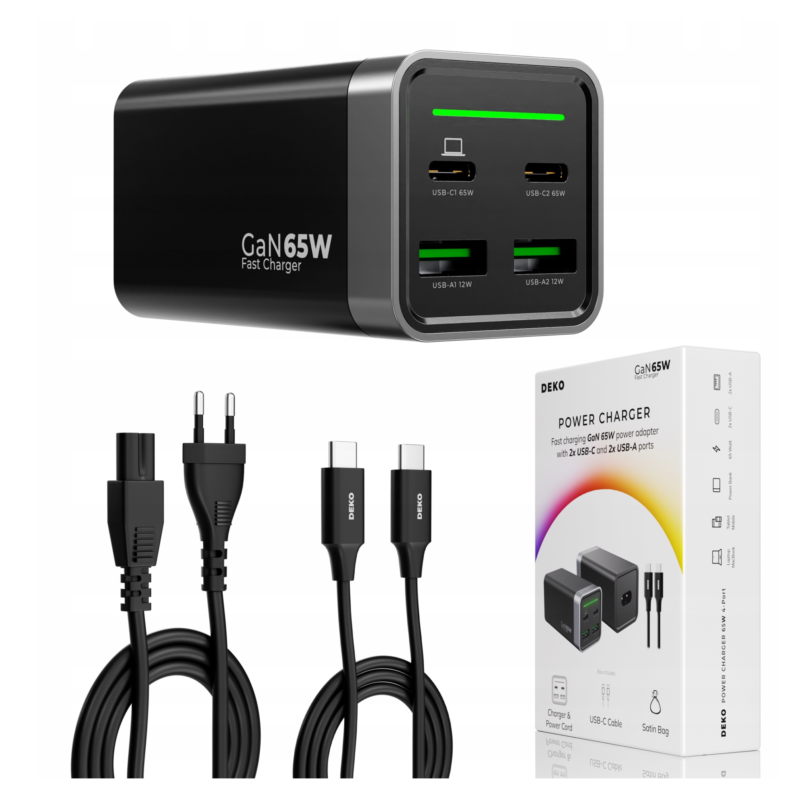 Rychlonabíjecí Síťová Nabíječka 4x Usb 65W Typ C Deko Kabel Usb C 100W