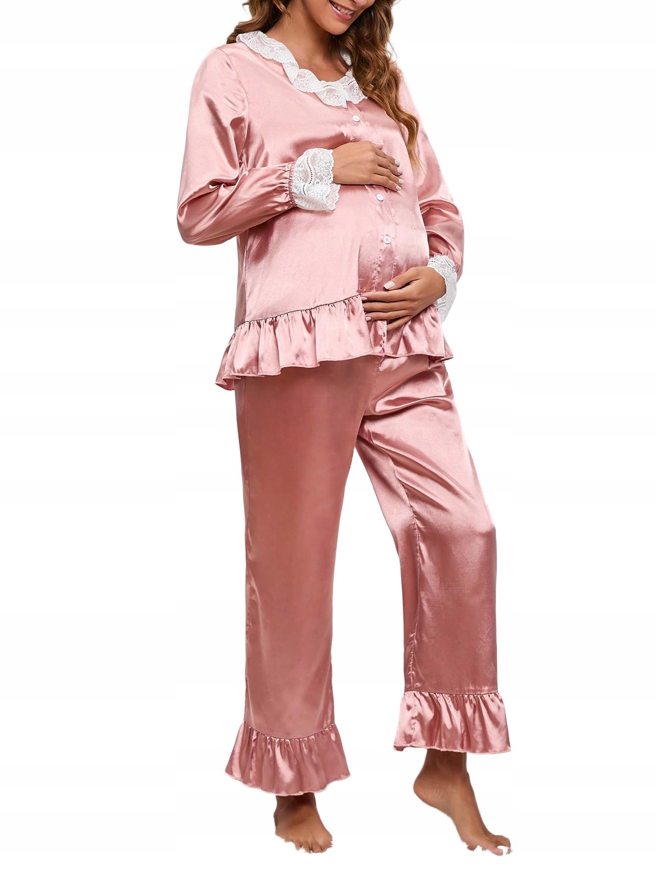 Shein PIŻAMA CIĄŻOWA KOMPLET RÓŻOWY SATYNOWY Z FALBANAMI I KORONKĄ dpi M
