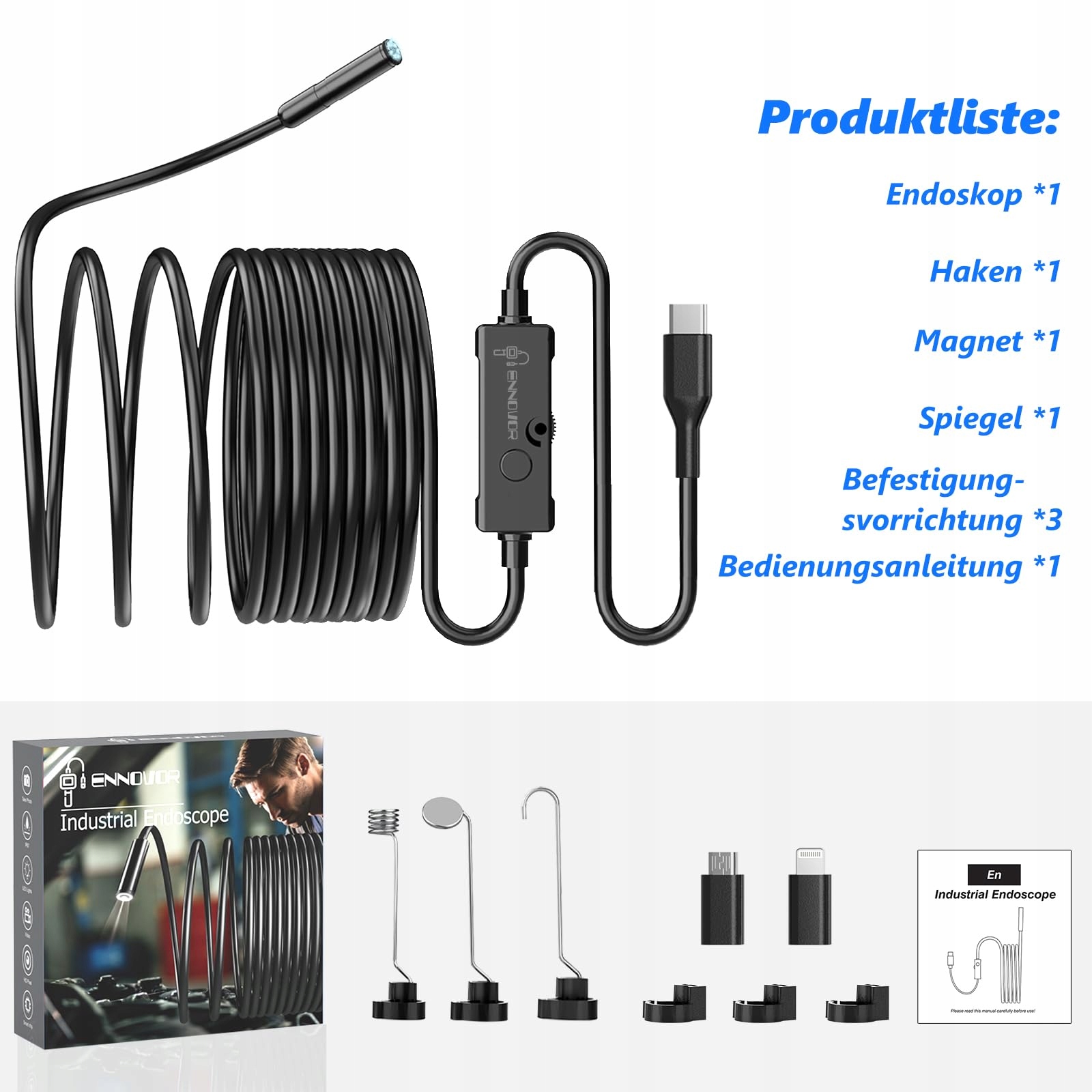 ENNOVOR Kamera Endoskopowa HD 1920 z 8 LED Wodoodporna IP67 Android iOS 5m — miniatura 9