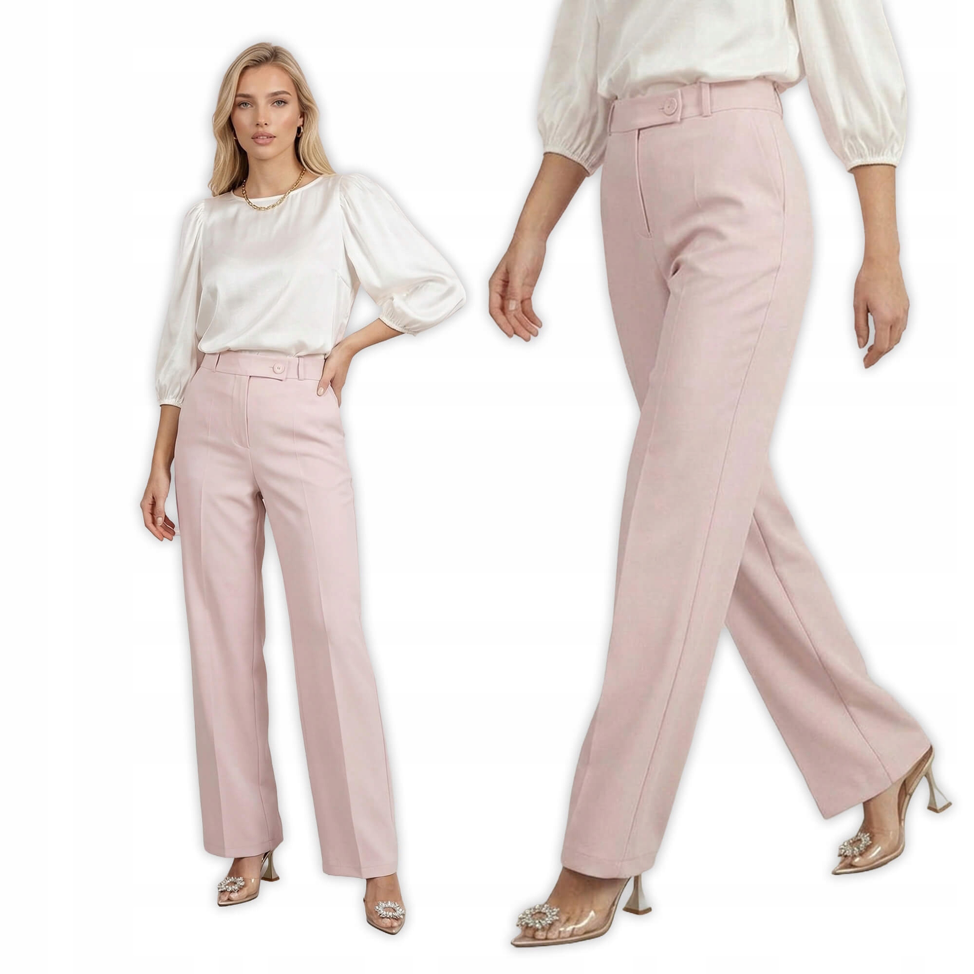 Elegantní Bb kalhoty s širokou nohavicí ve vysokém střihu Pudrová Růžová 34