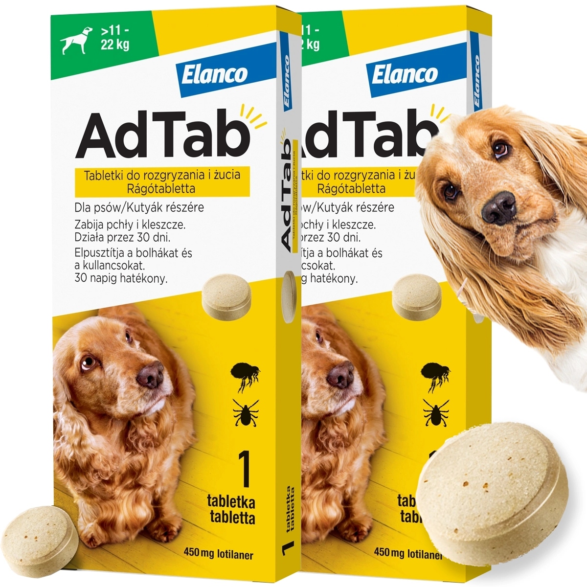 2 x Tabletka Adtab dla Psa do 22 kg Kleszcze pasożyty Pchły na 60 dni