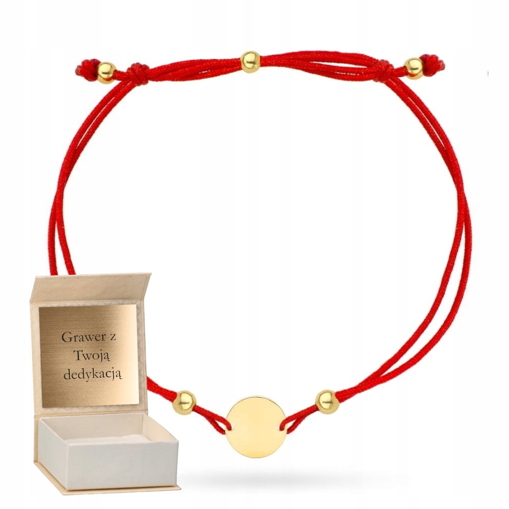 Zlatý náramek Kolečko a kuličky na červené šňůře Zlato ryzost 585 Gravírování