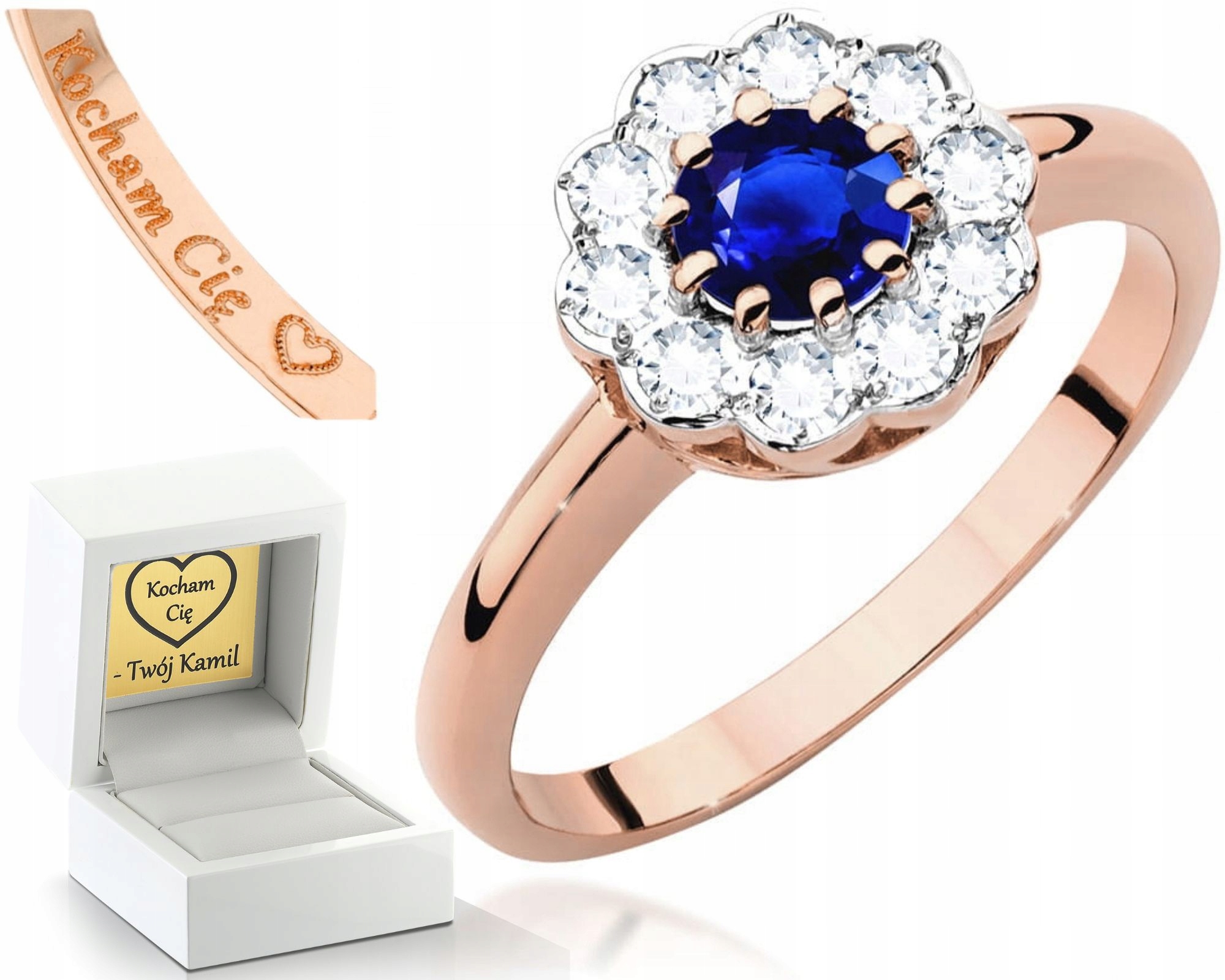 Zlatý Prstýnek Safír S Brilianty Růžové Zlato Gravírování 585 Dárek