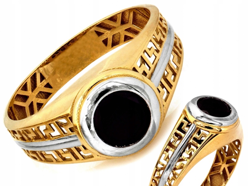 Zlatý prsten 585 14kt s řeckým vzorem a černým kamenem 3.96g jako dárek