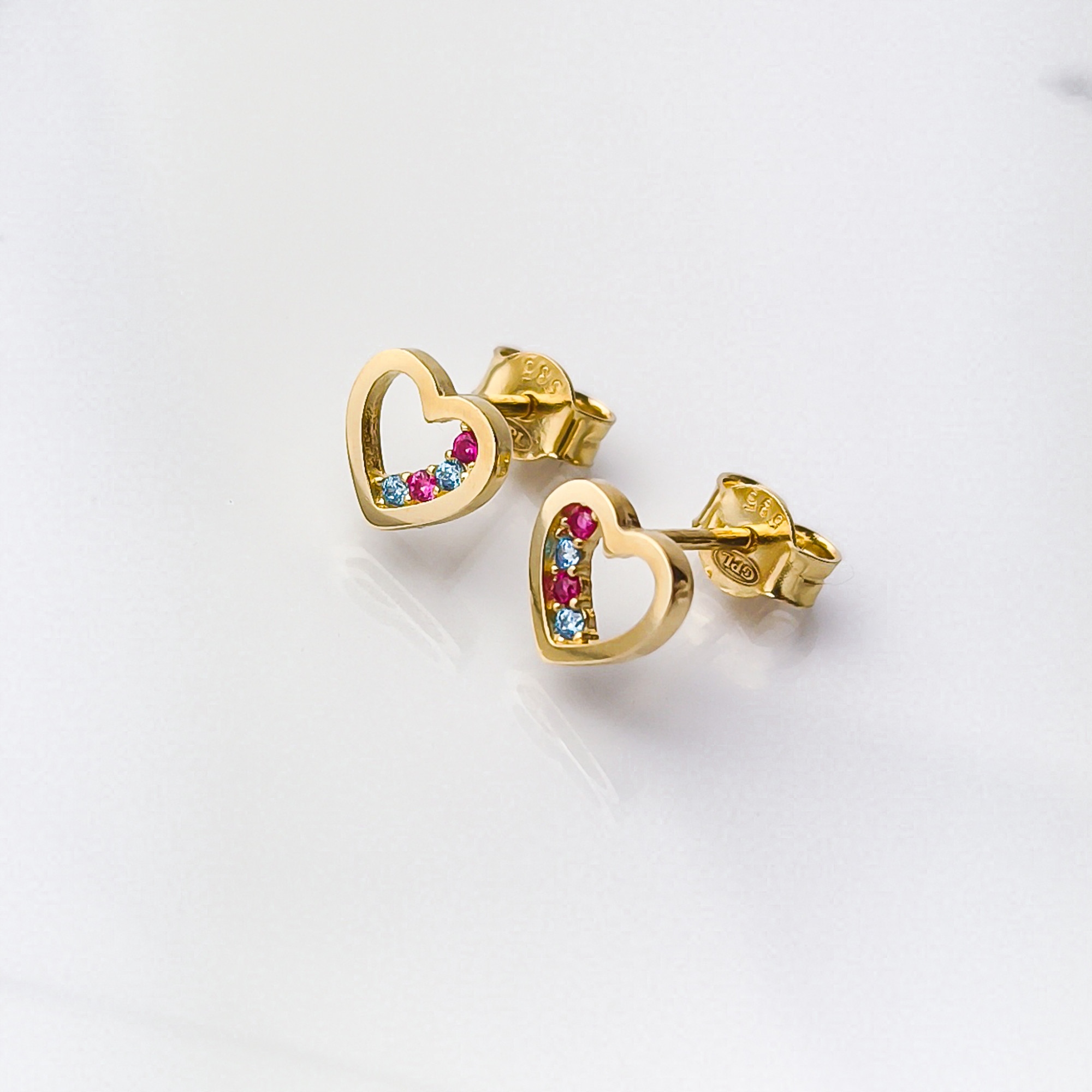 Zlaté náušnice srdce s barevnými zirkony pr585