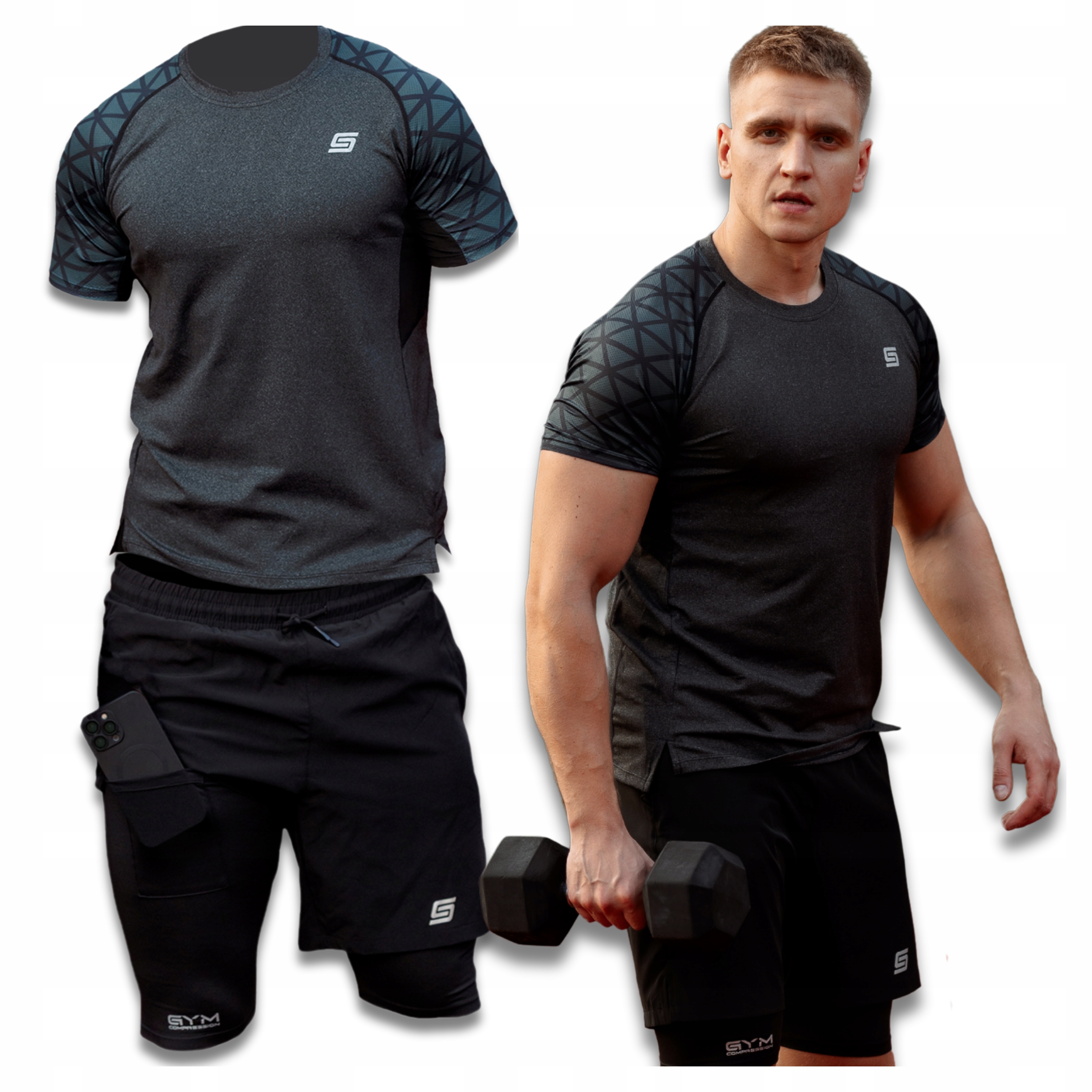 Komplet Treningowy Do Ćwiczeń 2w1 Koszulka Termoaktywna Szorty Z Legginsami