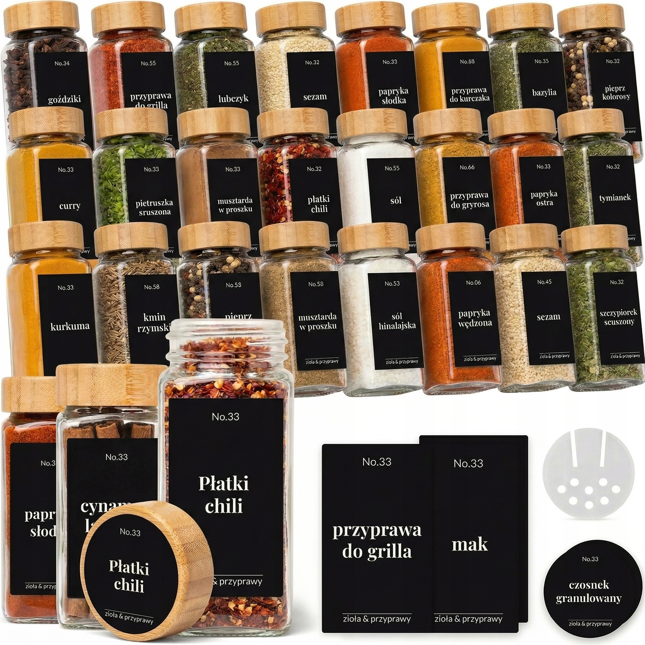 Pojemniki słoiczki na przyprawy Bambusowe szklane Wodoodporne etykiety 24sz